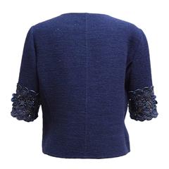Oscar de la Renta Navy Wool Short Sleeve Cardigan with Front Floral Embroidery