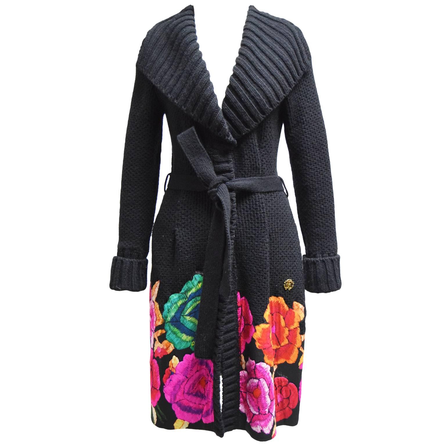 Roberto Cavalli Wool Sweater Topper with Shawl Collar and Silk Floral Border  For Sale