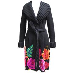 Roberto Cavalli Wool Sweater Topper with Shawl Collar and Silk Floral Border
