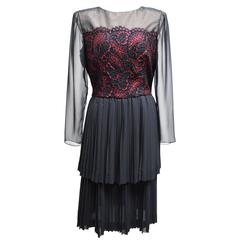 Gene Roye Silk and Lace Illusion Dress with Pleated Layered Skirt 