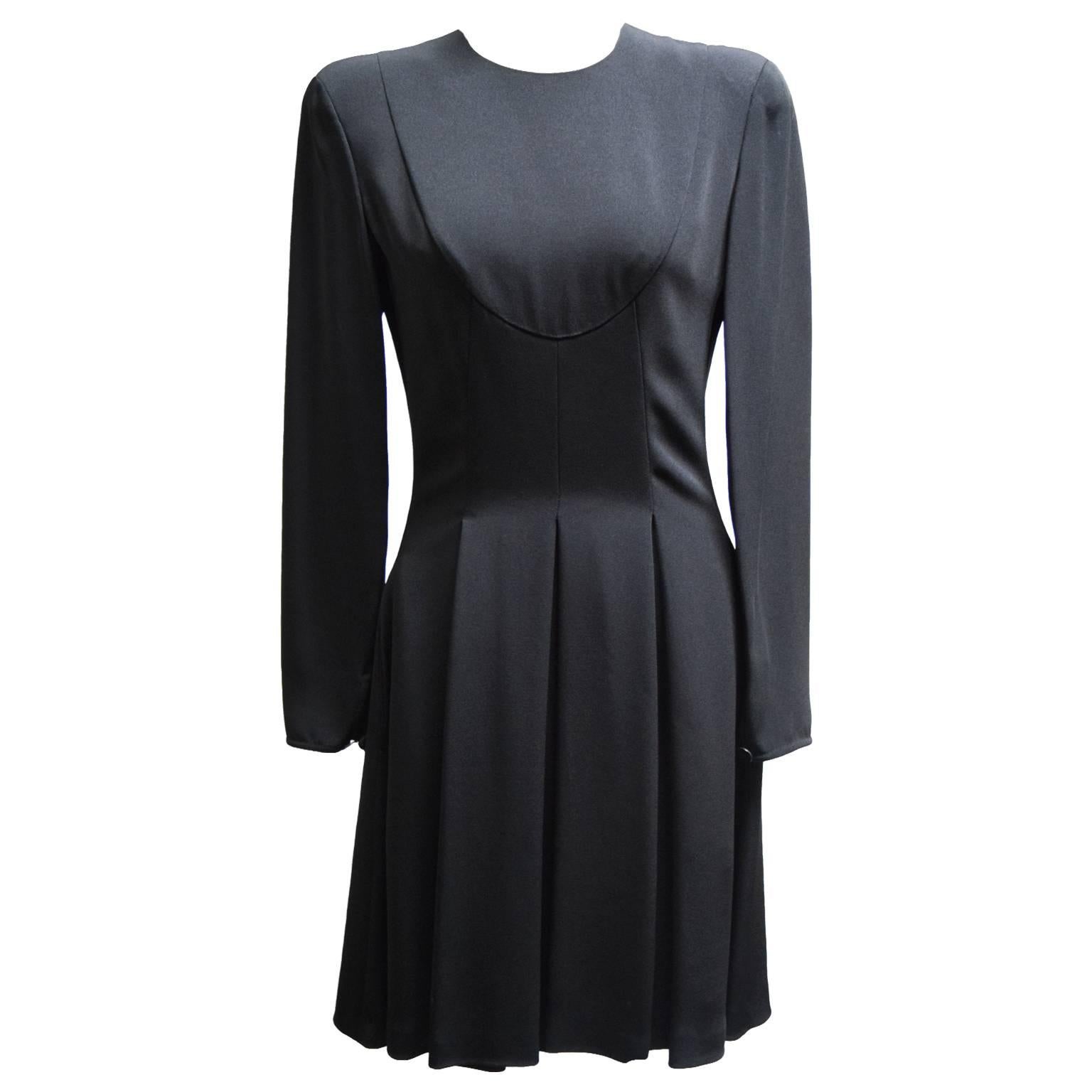 Giorgio Armani Collezione Black Silk Dress with Knife Pleated Skirt  For Sale