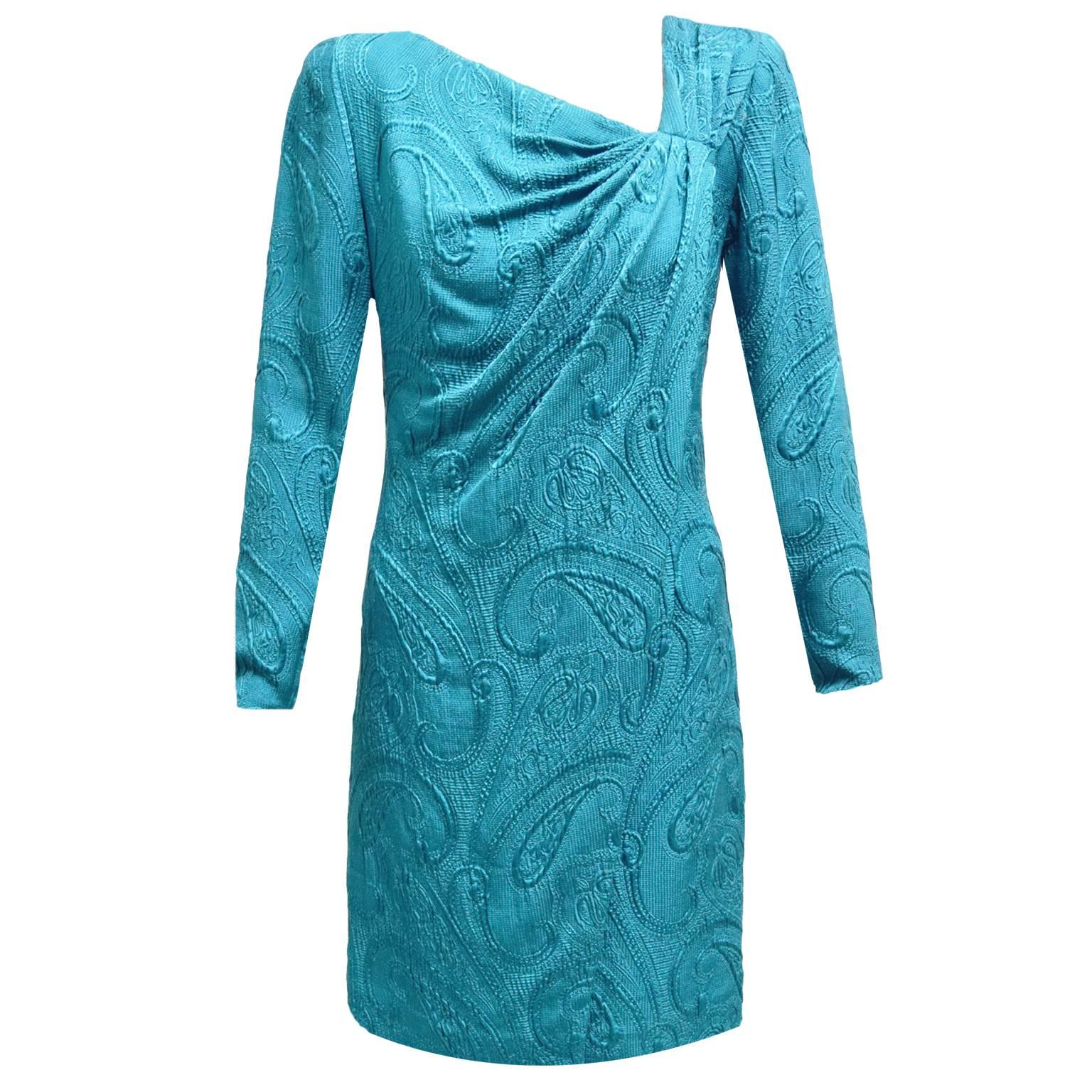 Carrolyne Roehm Teal Silk Raised Paisley Print Long Sleeved Shift Dress For Sale
