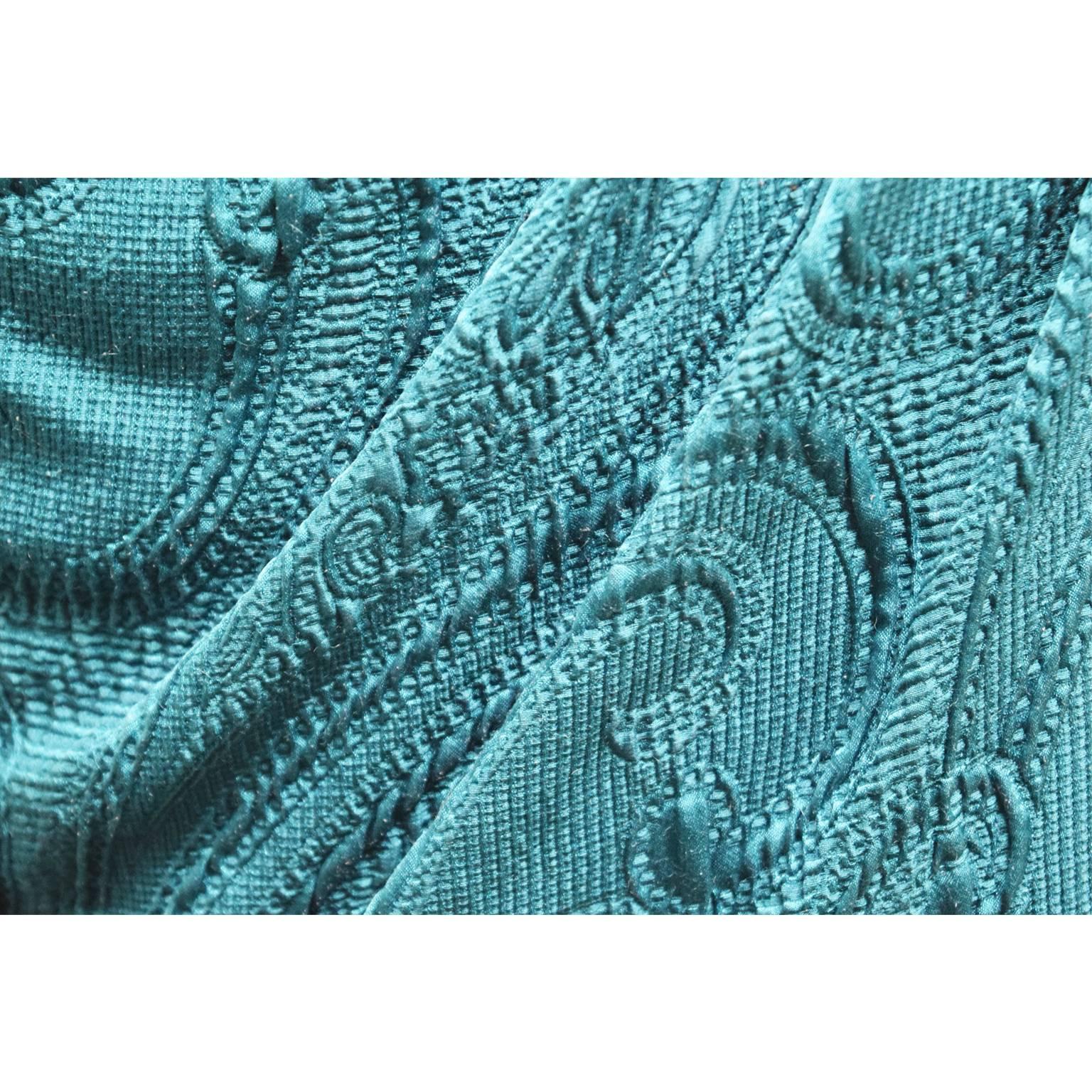 Blue Carrolyne Roehm Teal Silk Raised Paisley Print Long Sleeved Shift Dress For Sale