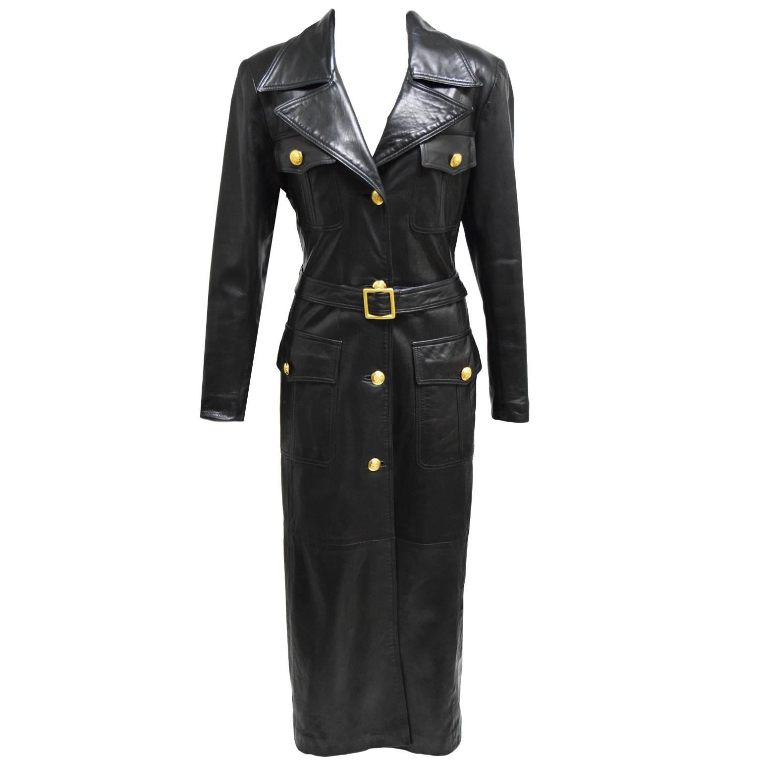 La Nouvelle Renaissance Black Leather Trench Coat with Gold Hardware and belt For Sale