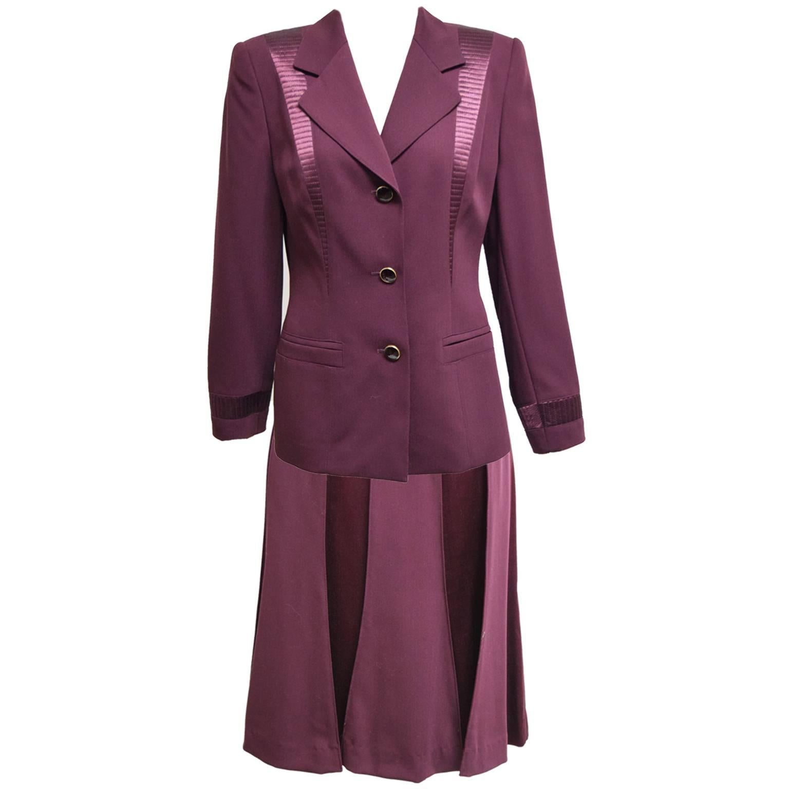 Escada Vintage Merlot Two Piece Skirt Suit with Silk Paneling and Gem Buttons For Sale