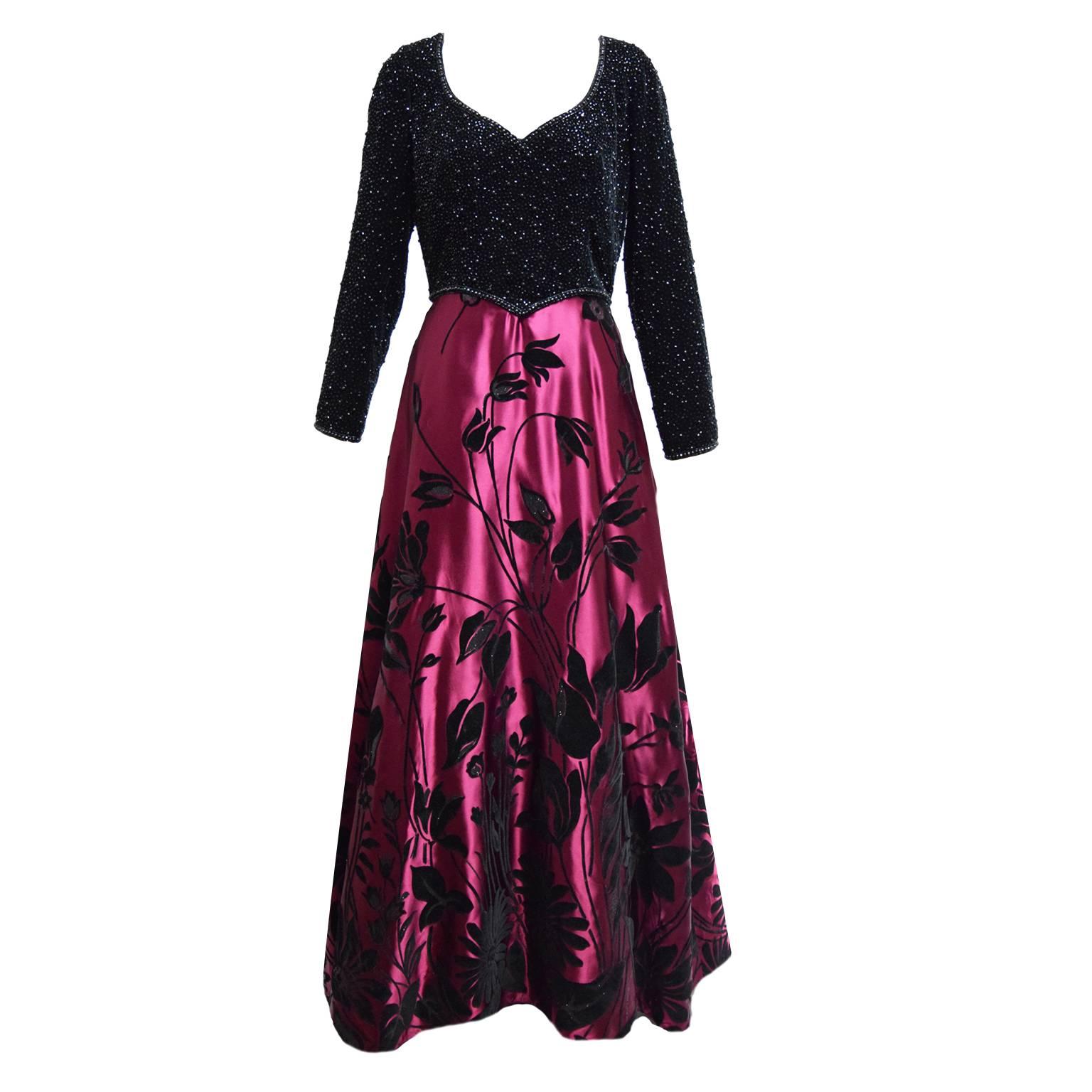 Victoria Royal Velvet and Hand Beaded Bodice Evening Gown with Silk Skirt  For Sale