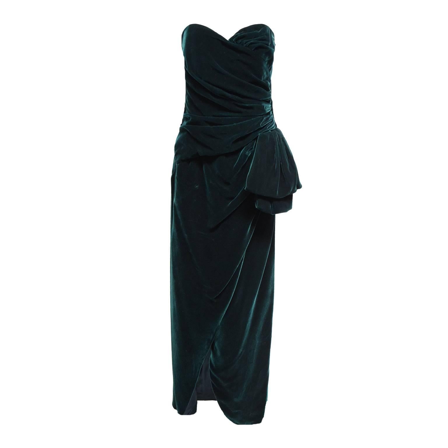 Victor Costa Emerald Green Velvet Sweetheart Dress with Side Sash For Sale