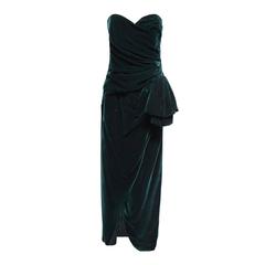 Victor Costa Emerald Green Velvet Sweetheart Dress with Side Sash