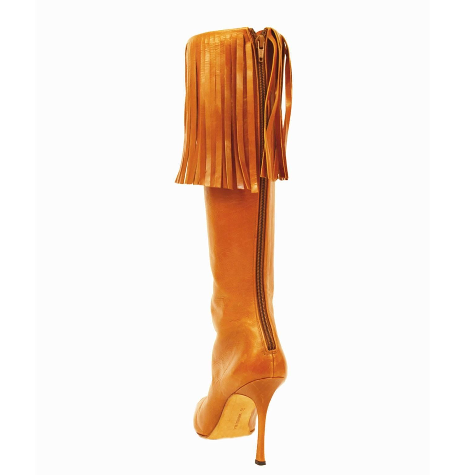 Orange Manolo Blahnik Cognac Leather Fringe Knee High Boots For Sale