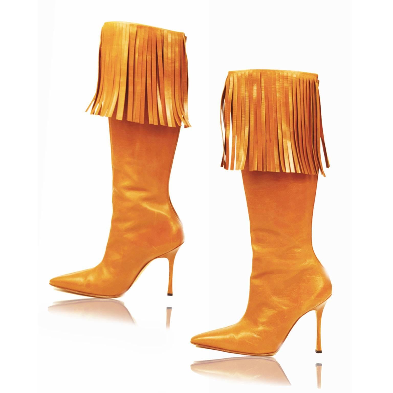 Manolo Blahnik Cognac Leather Fringe Knee High Boots In Good Condition For Sale In Henrico, VA