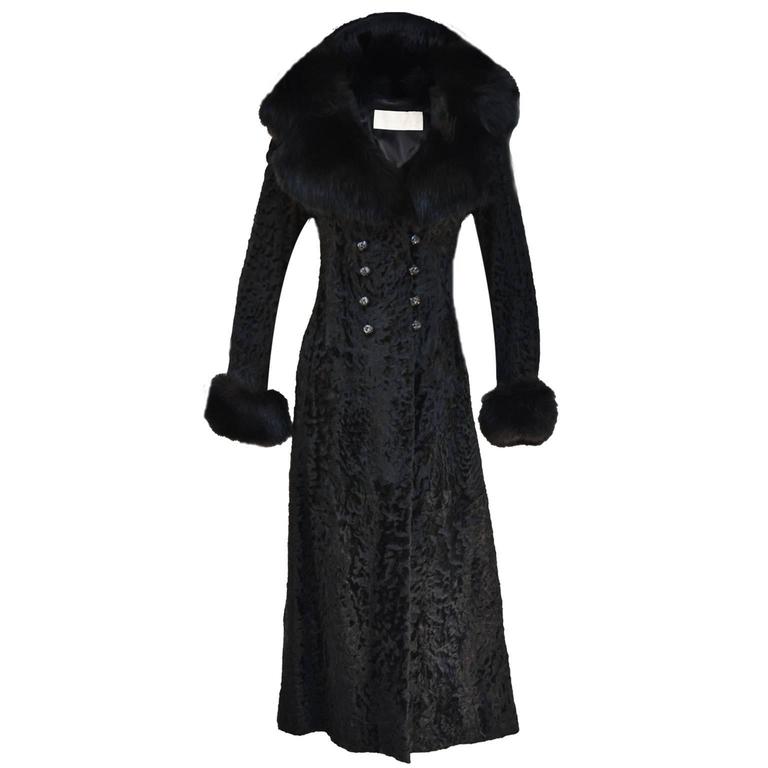 Black Persian Lamb Coat with Fox Collar and Cuffs For Sale at 1stDibs