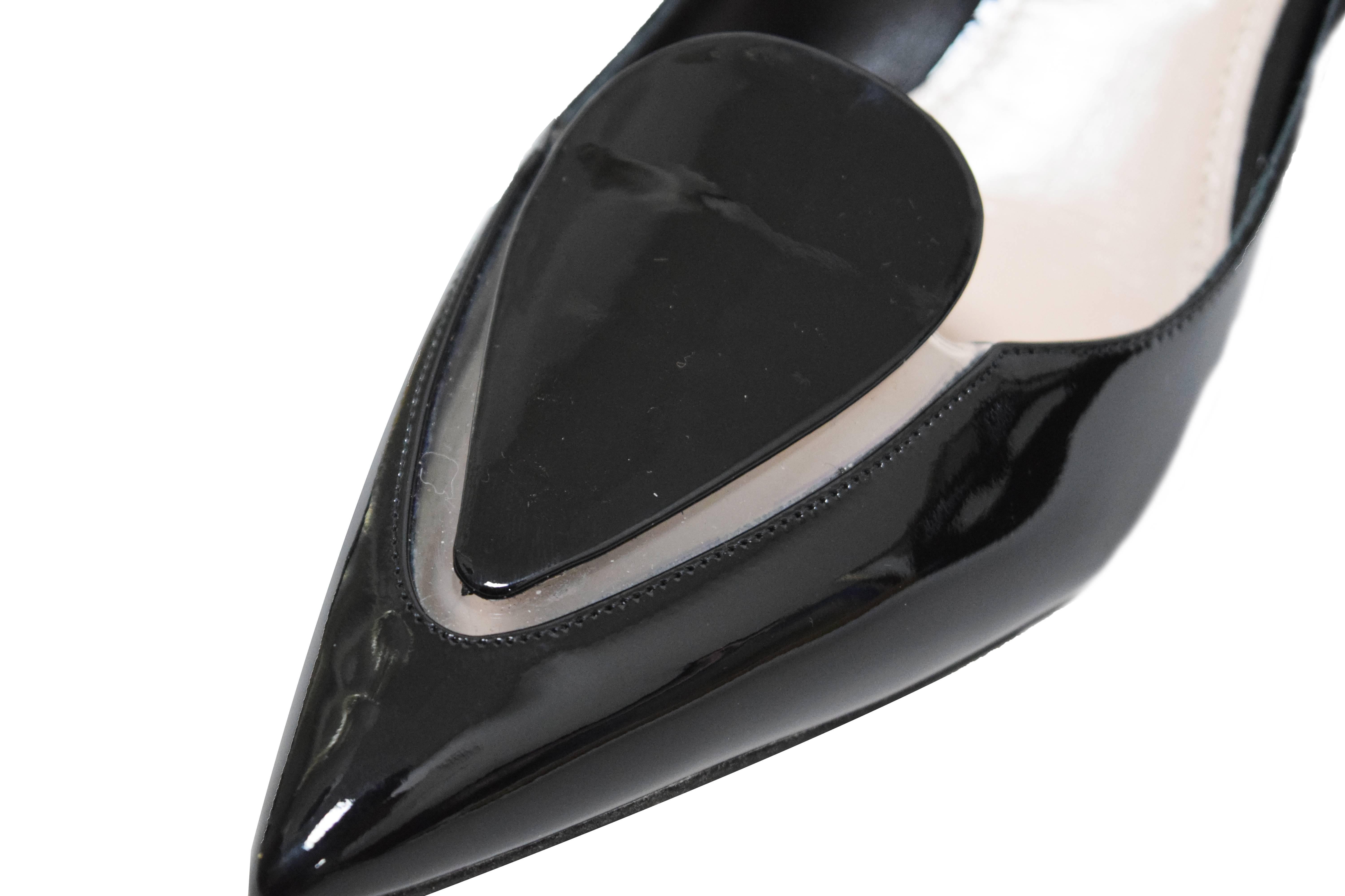 Miu Miu Black Patent Leather Clear PVC Cutout Pointed Toe Kitten Heel 1