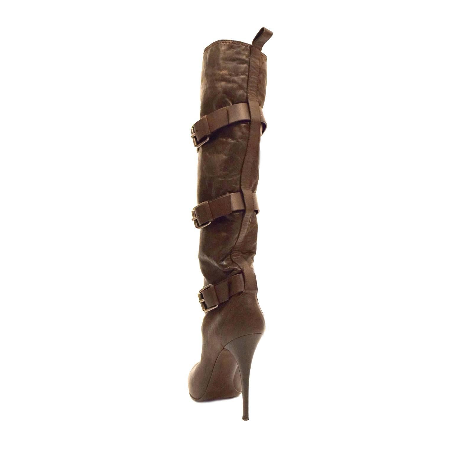 Black Giuseppe Zanotti Brown Textured Leather Three Buckle Boot For Sale