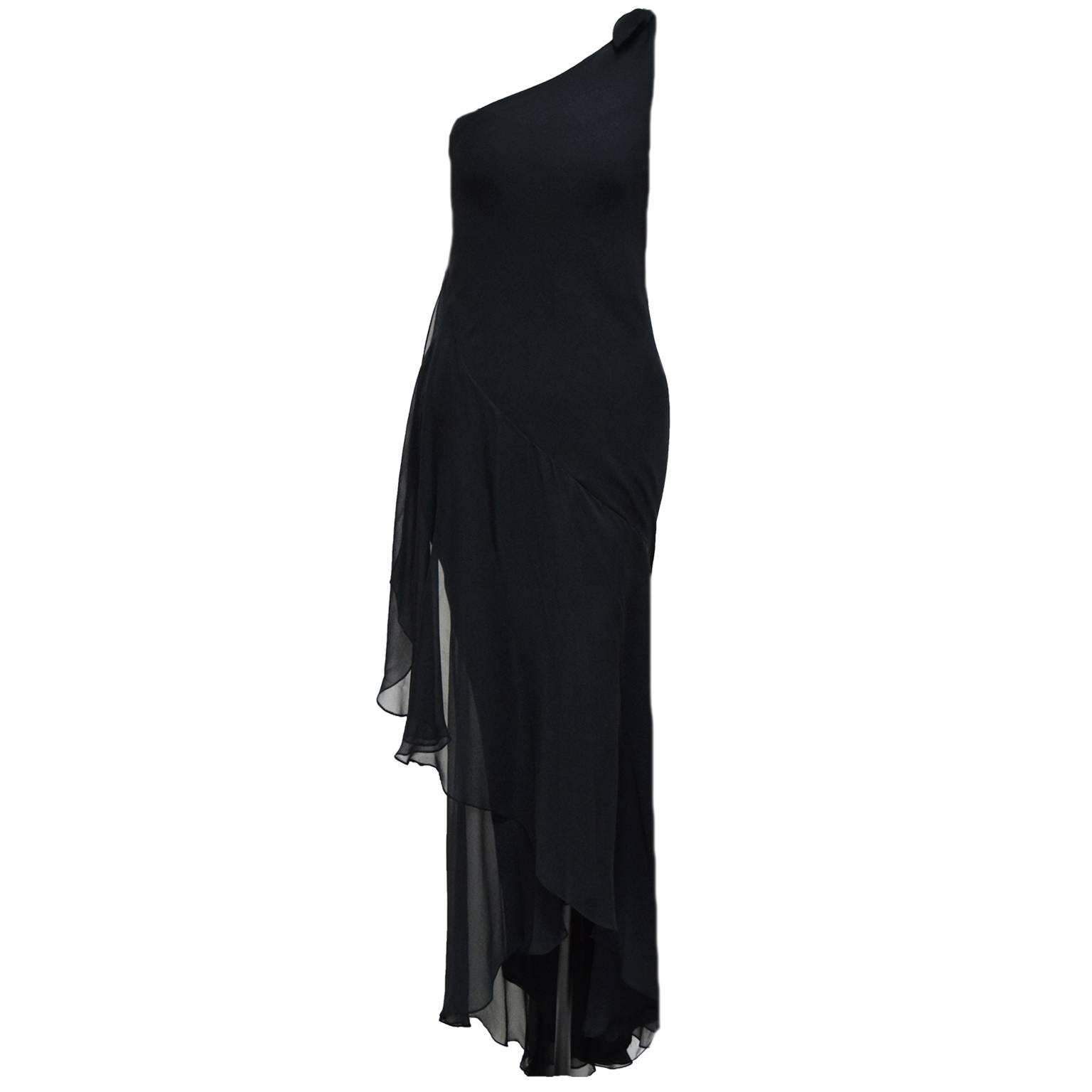 Black Halston Sheer One Shoulder Sleeve Evening Gown  For Sale