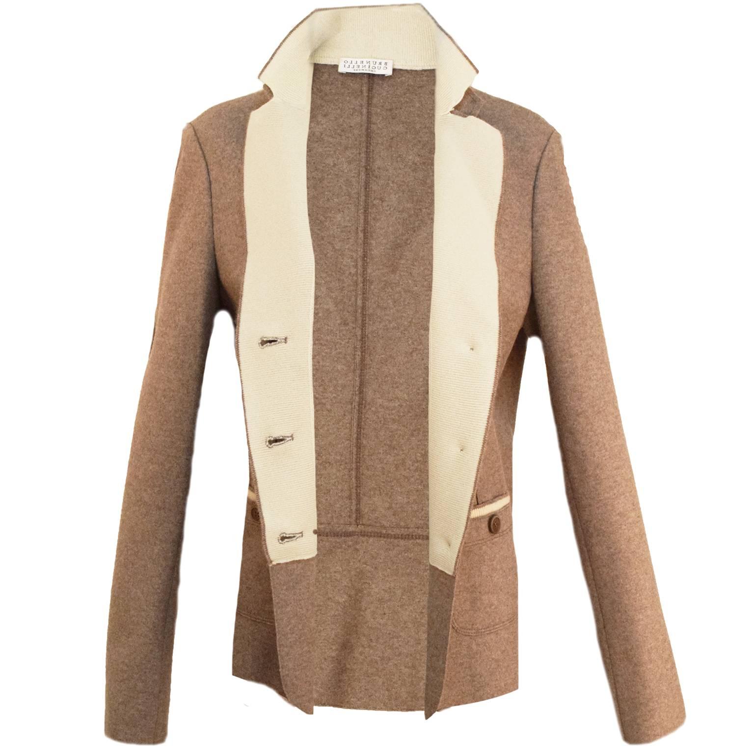Beige Brunello Cucinelli Cashmere and Biege Wool Single Breasted Jacket  For Sale