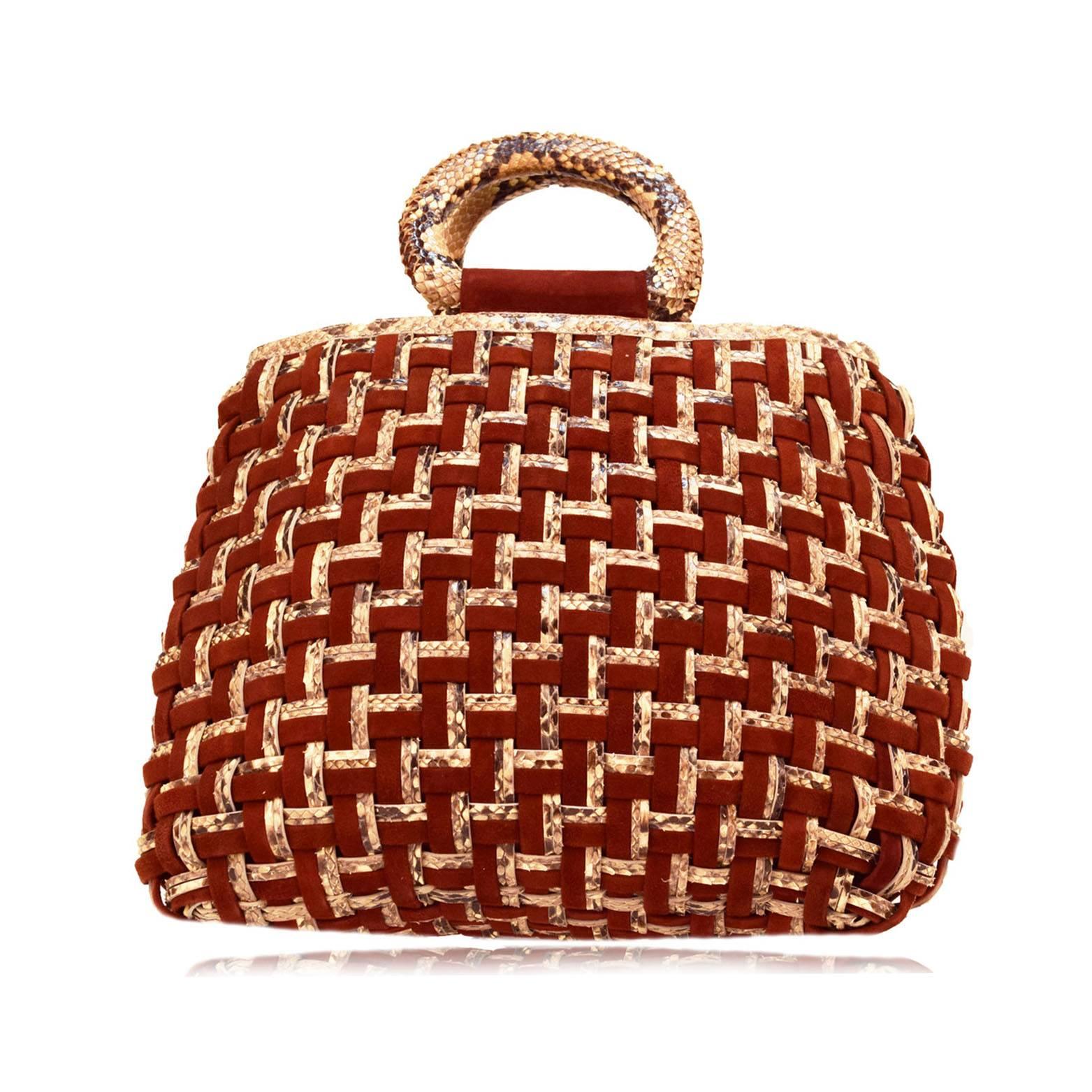 Brown Nancy Gonzalez Merlot Suede and Snakeskin Leather Woven Handbag  For Sale