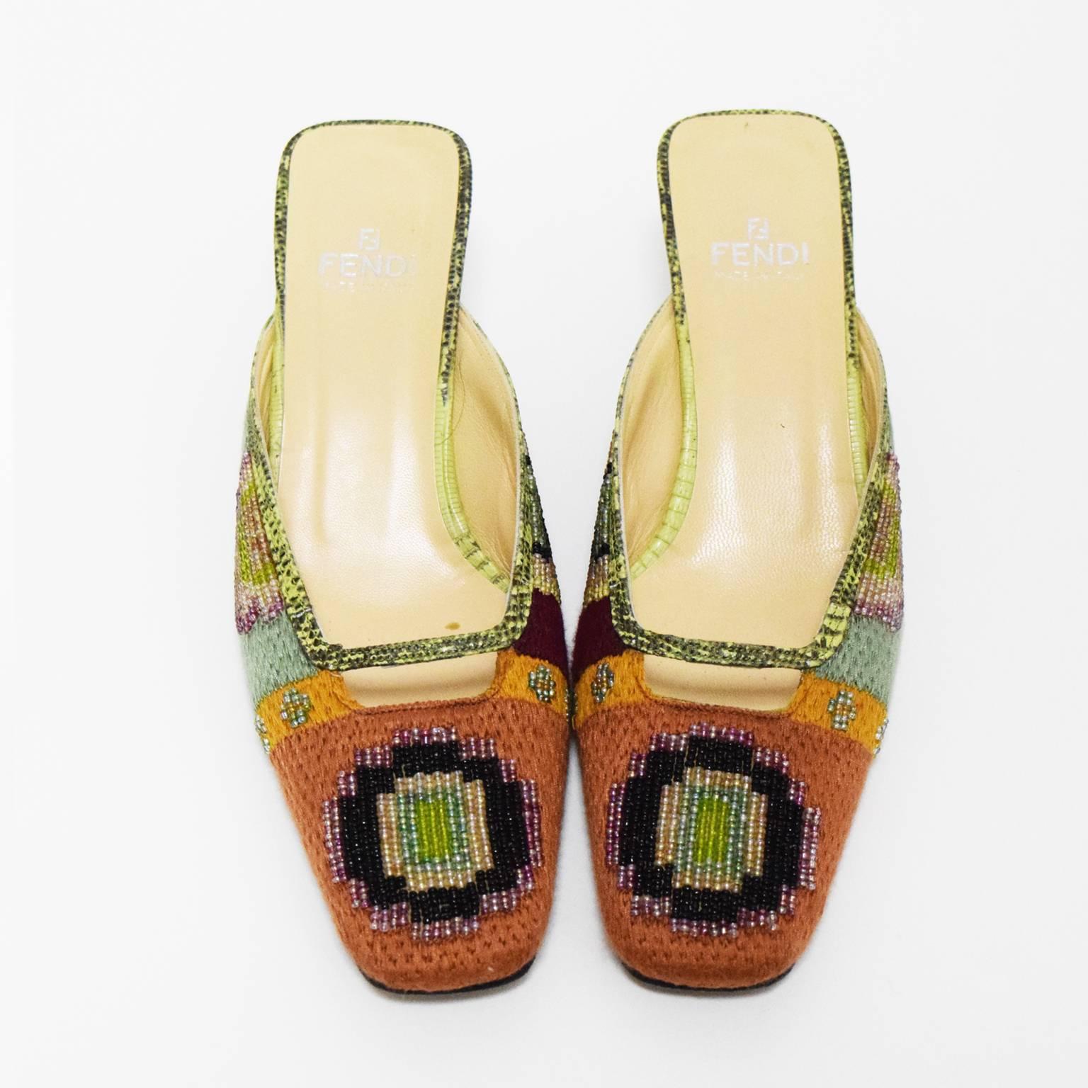 Fendi Beaded Fabricated Mules In Good Condition For Sale In Henrico, VA