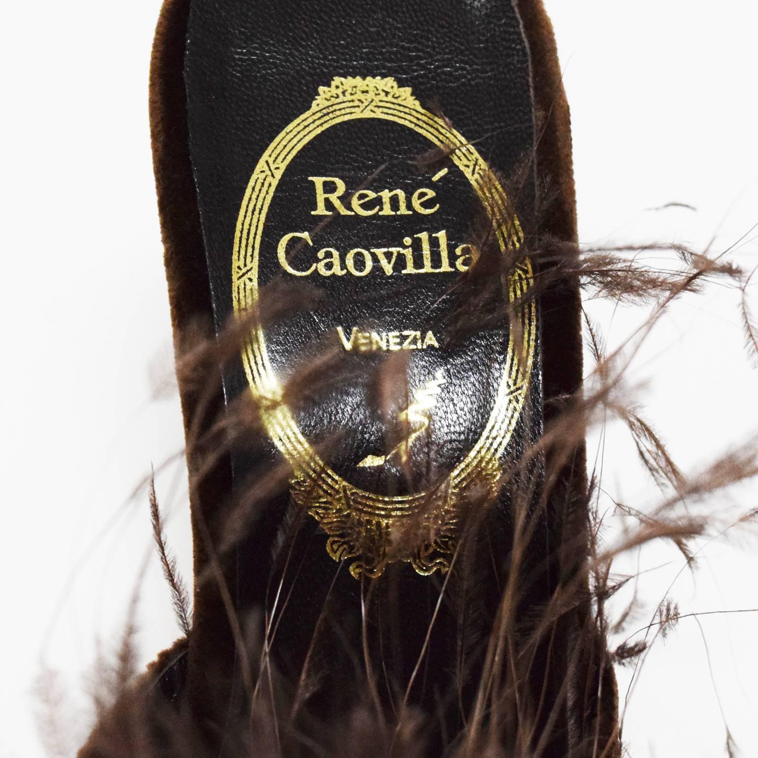 Rene Caovilla Feather Embellished Chocolate Brown Slide Mule For Sale 4