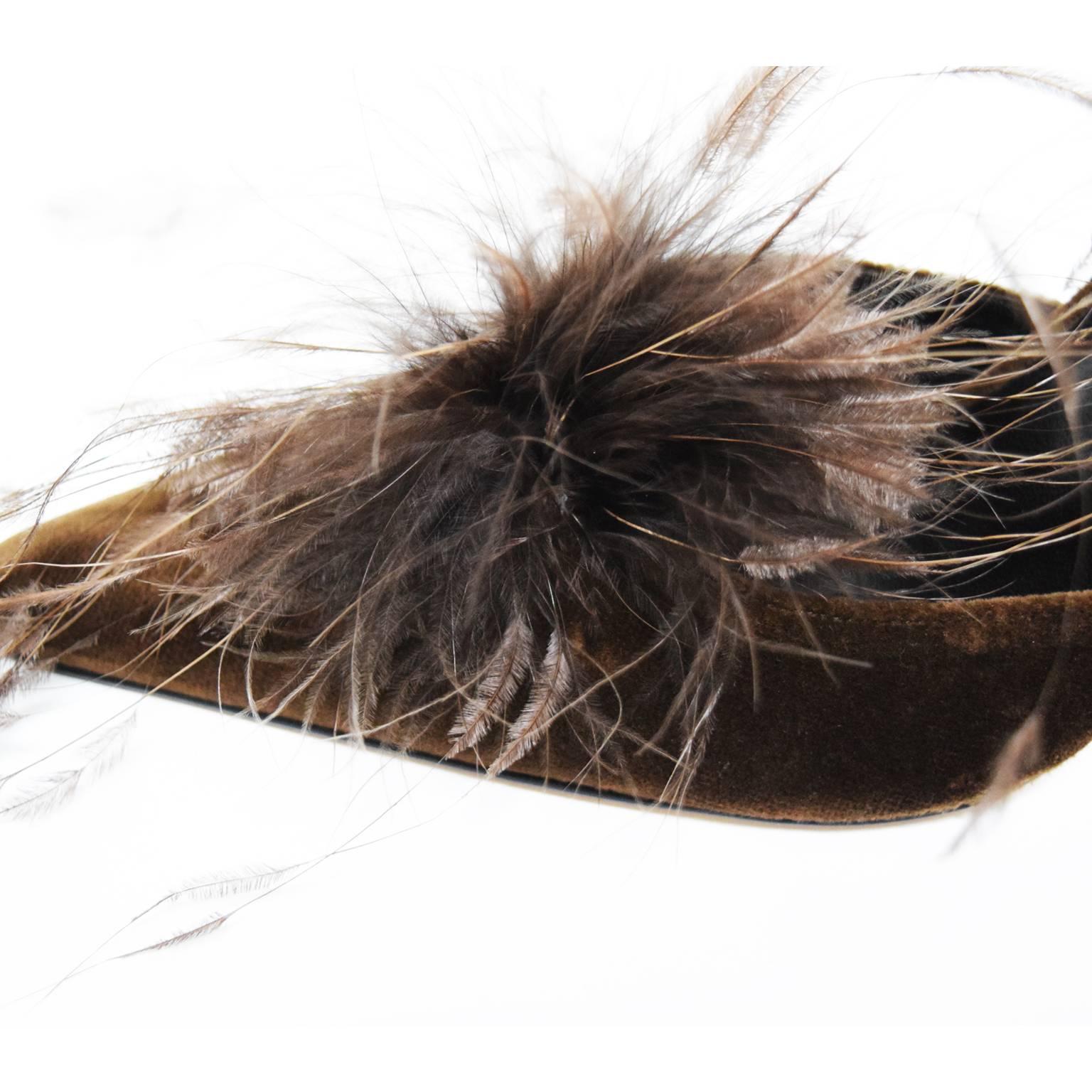 Rene Caovilla Feather Embellished Chocolate Brown Slide Mule For Sale 2