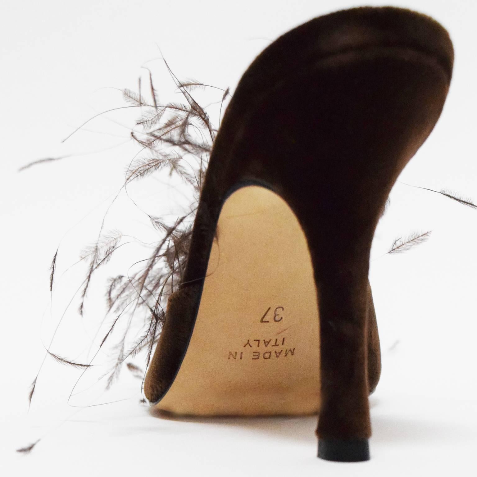 Black Rene Caovilla Feather Embellished Chocolate Brown Slide Mule For Sale