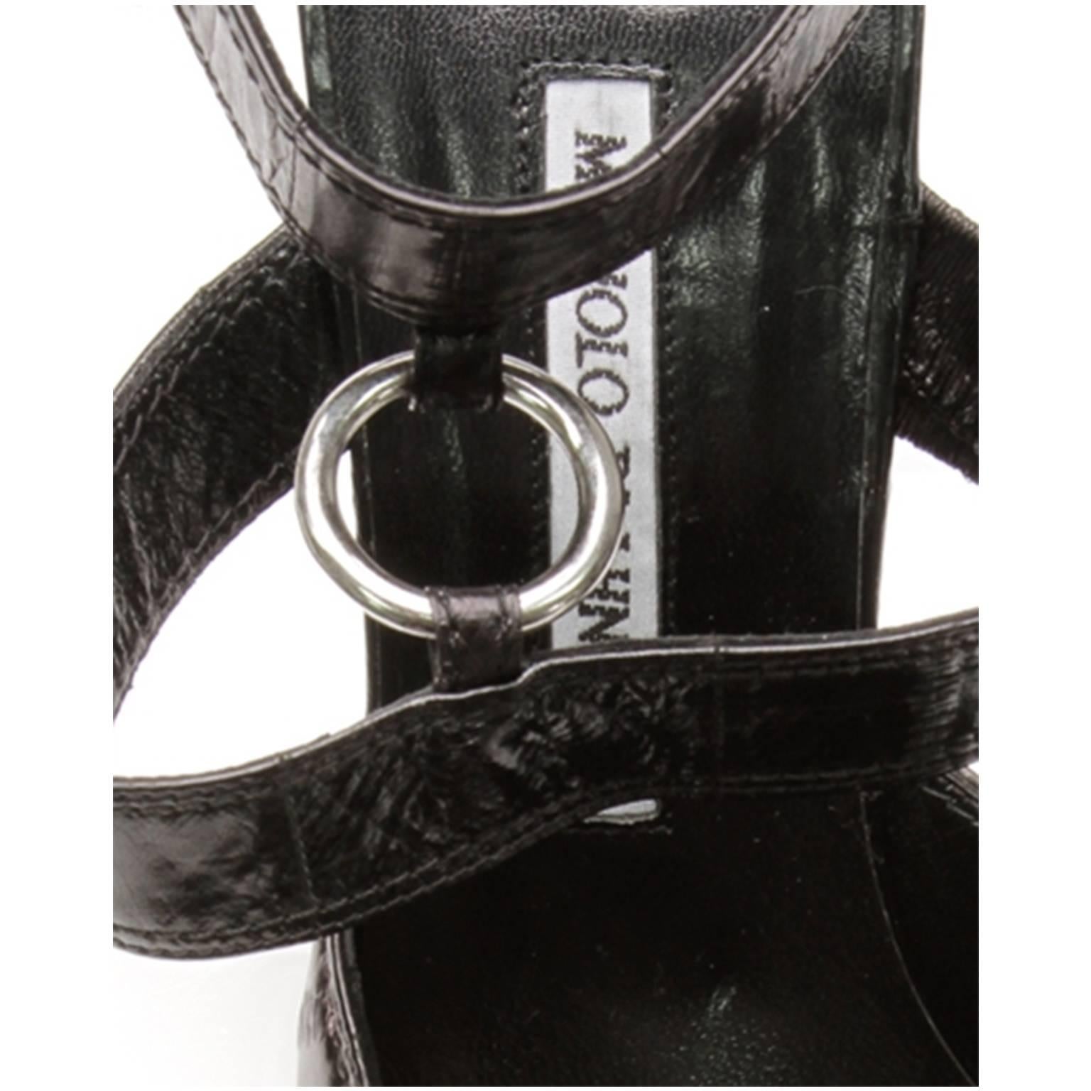 Manolo Blahnik Black Eel Skin Ankle Strap Pointed Toe Heels  For Sale 2