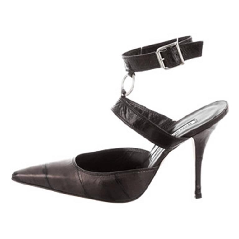 Manolo Blahnik Black Eel Skin Ankle Strap Pointed Toe Heels For Sale at ...
