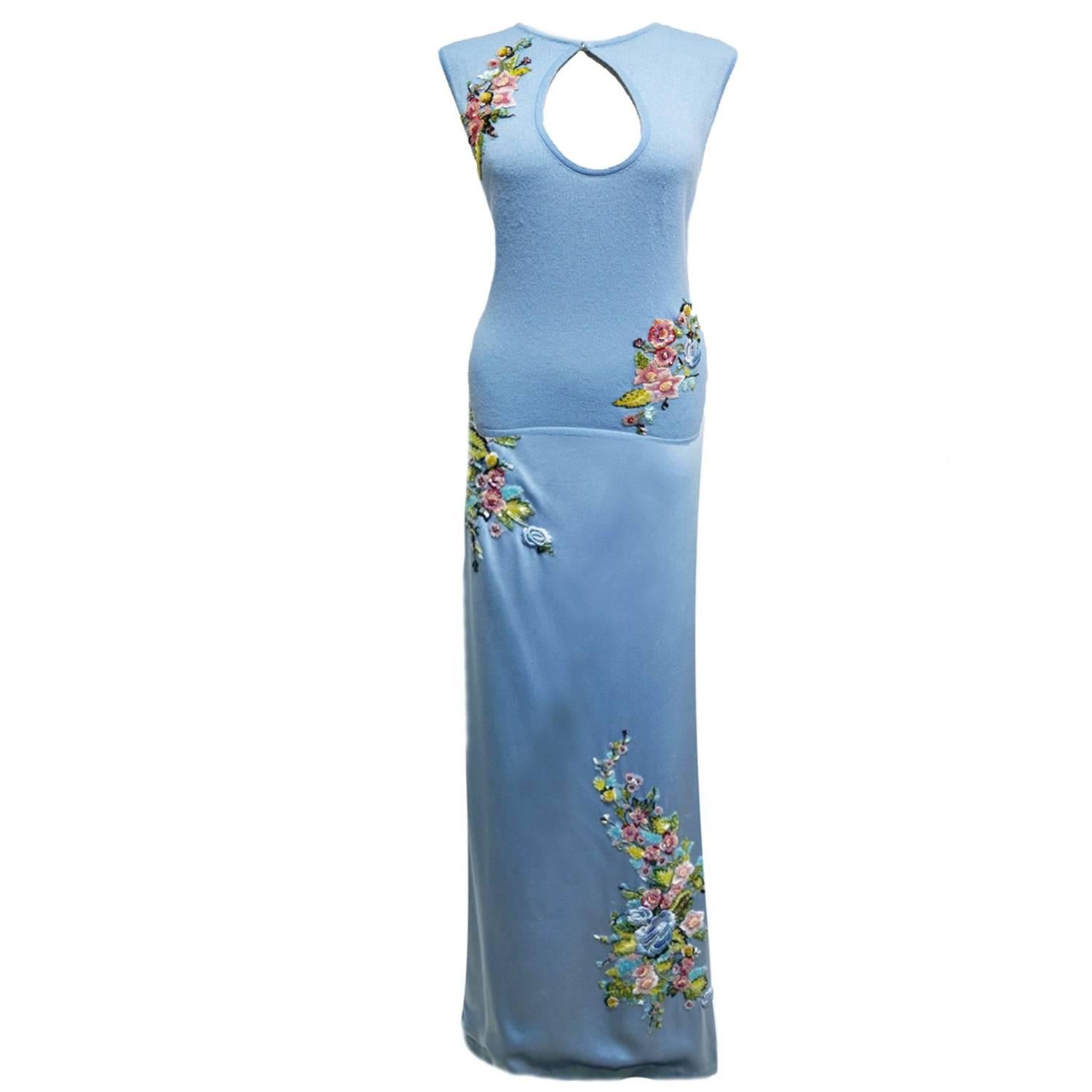 Reem Acra Azure Blue Formal Gown Ensemble with Embroidered and Beaded Deatailing For Sale