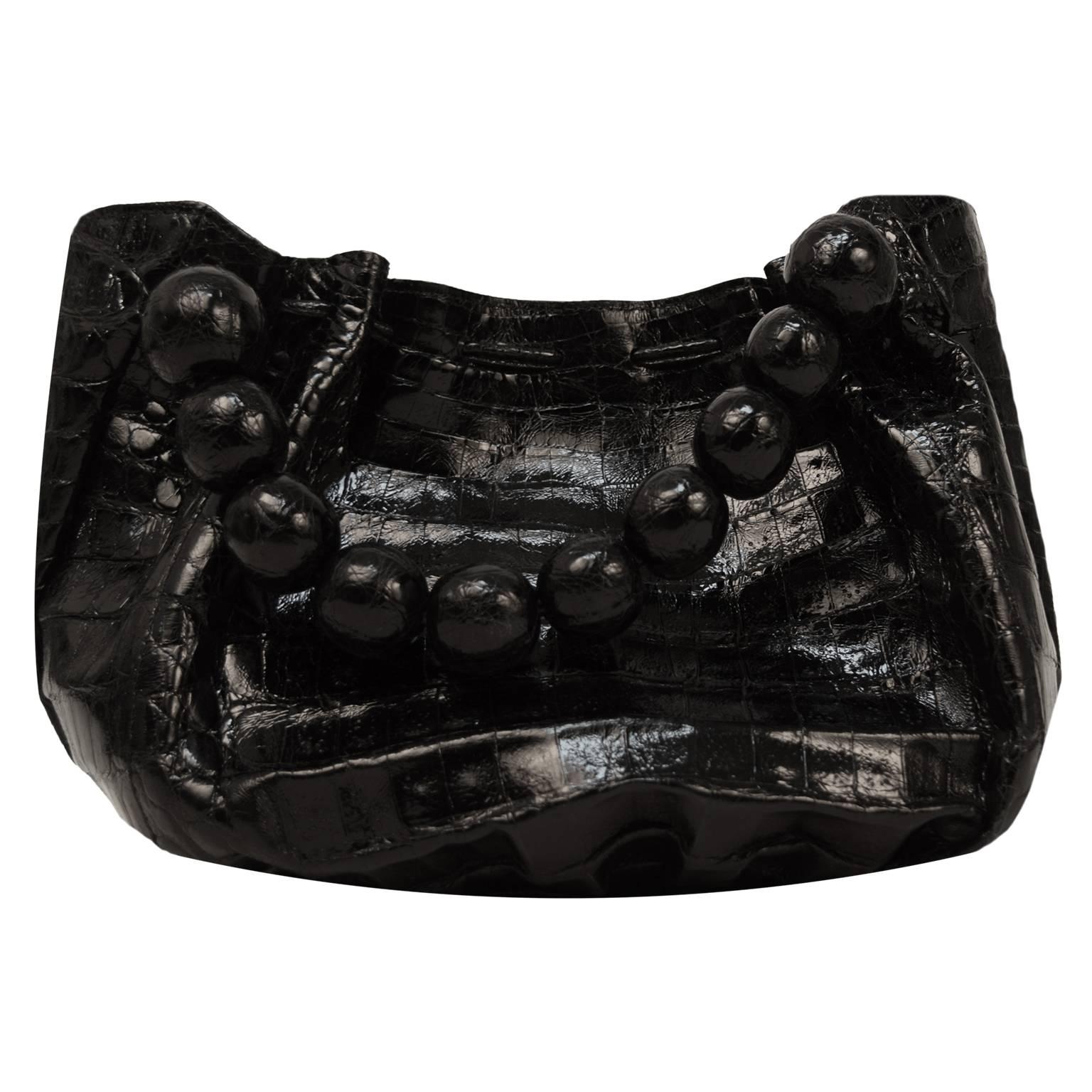 Women's Nancy Gonzalez Black Croc Convertible Shoulder Bag   For Sale