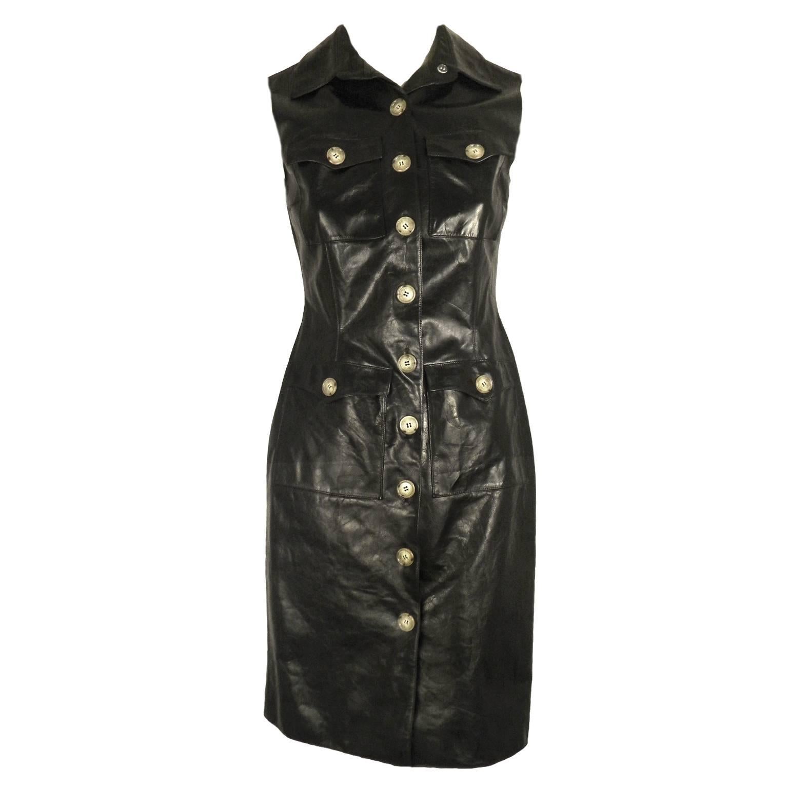 Oscar de la Renta Black Leather Sleeveless Shirt Dress  For Sale