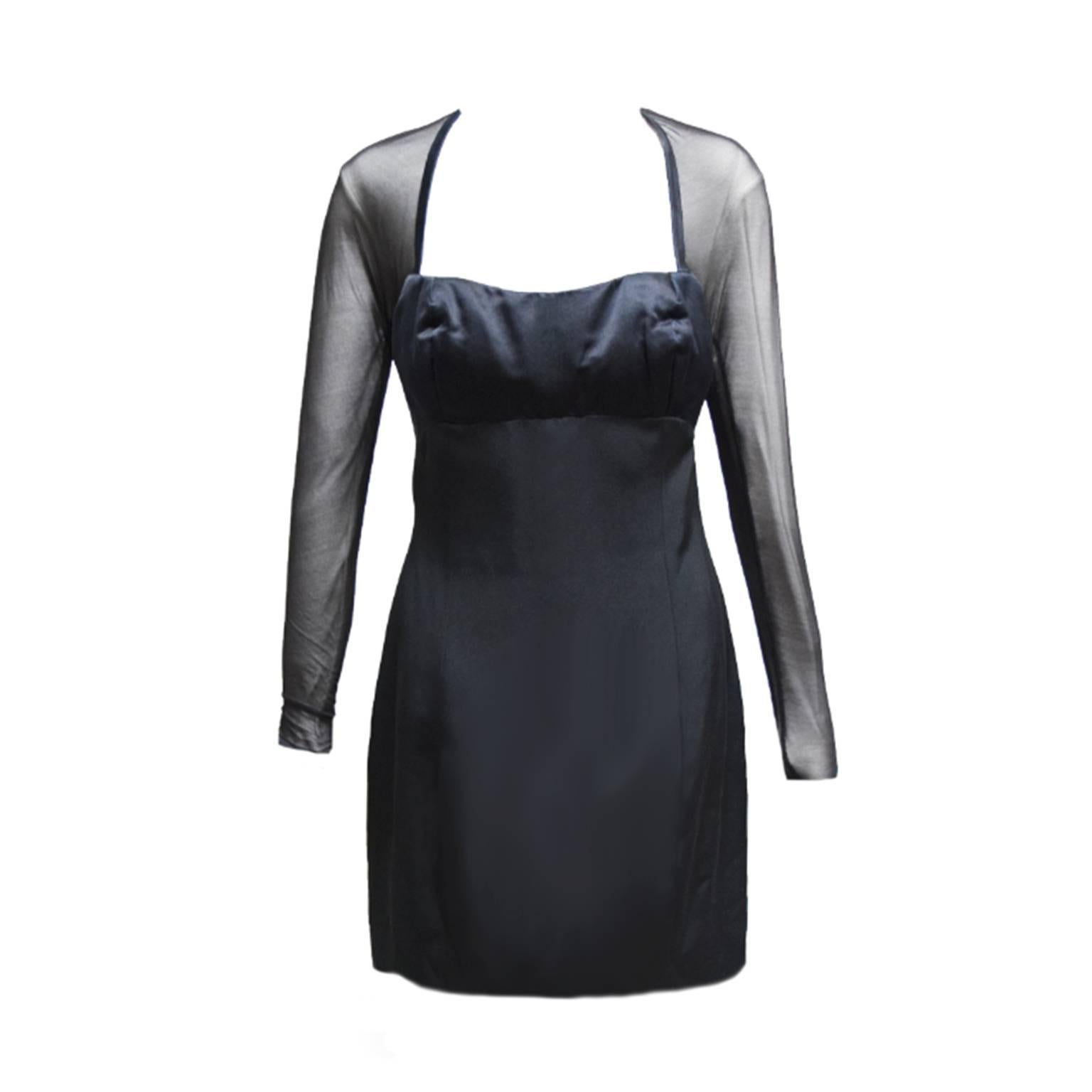 Vera Wang Black Satin Sheath Cocktail Dress with Black Sheer Sleeves  For Sale