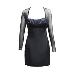 Used Vera Wang Black Satin Sheath Cocktail Dress with Black Sheer Sleeves