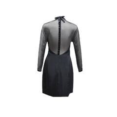 Vera Wang Black Satin Sheath Cocktail Dress with Black Sheer Sleeves