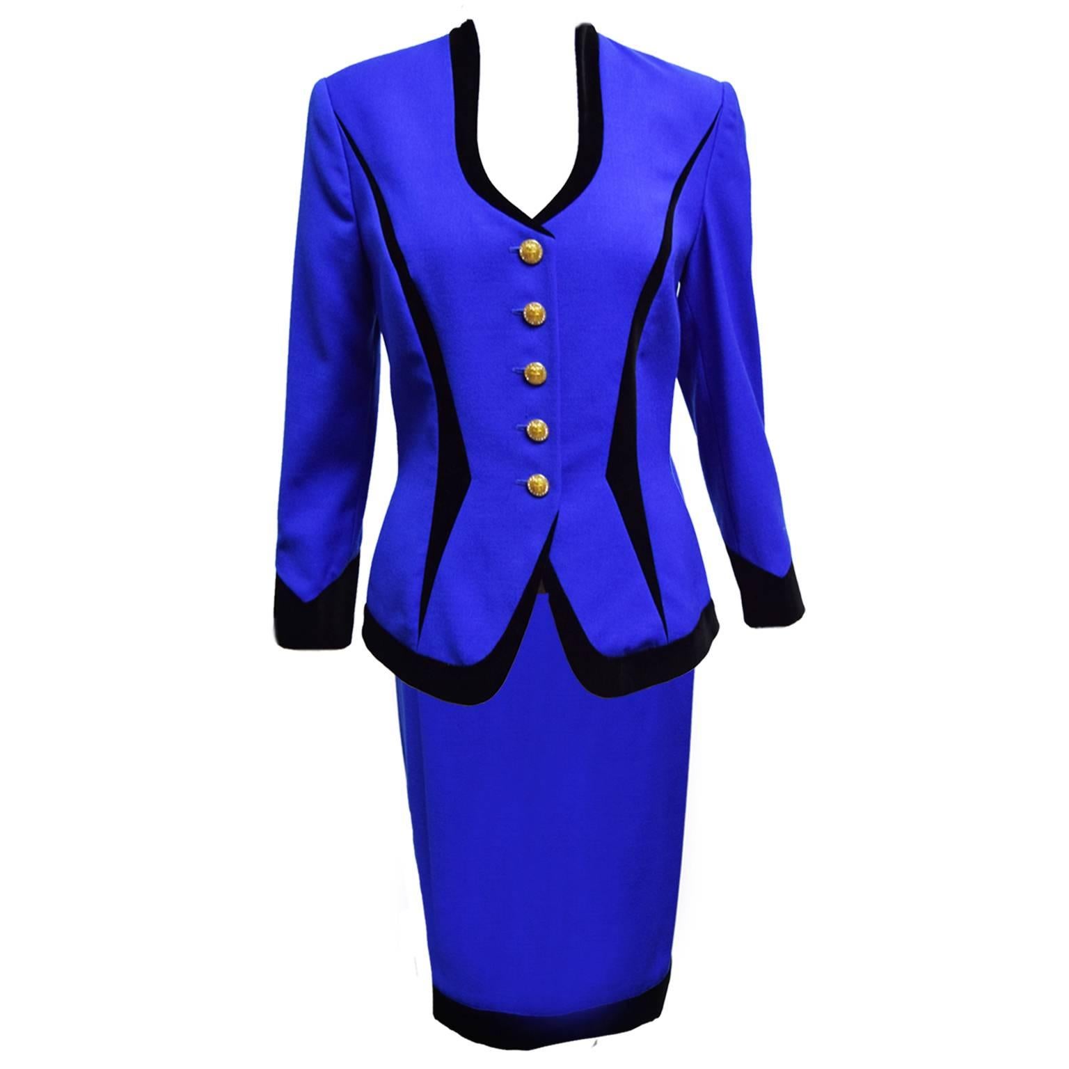 Escada Royal Blue and Black Velvet Trim Two Piece Skirt Suit For Sale