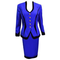 Escada Royal Blue and Black Velvet Trim Two Piece Skirt Suit
