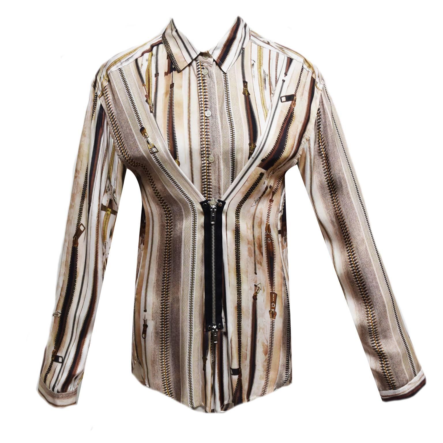 Jean Paul Gaultier Silk Neutral Zipper Print Blouse with Zipped Front  For Sale