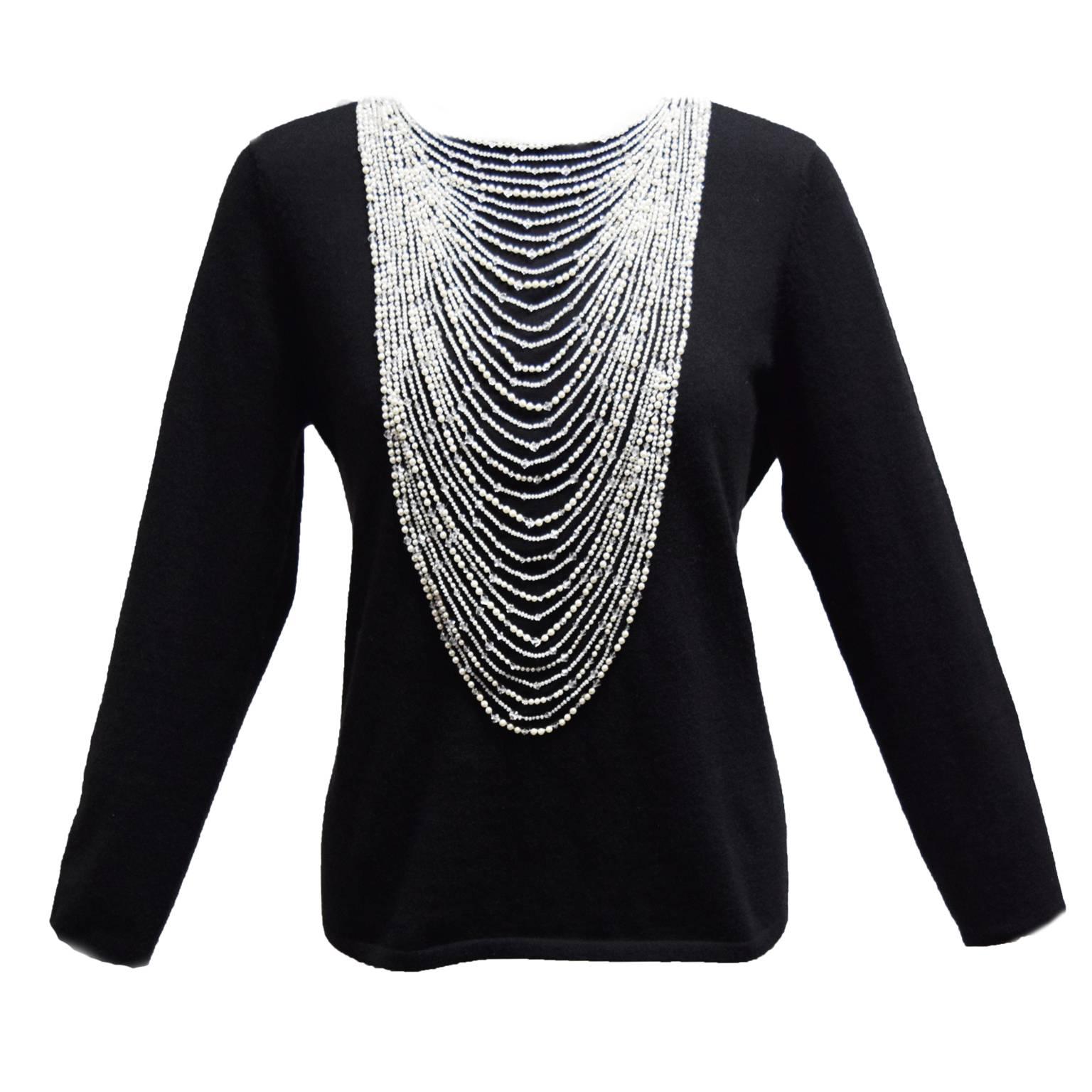 Naeem Khan Black Cashmere Sweater with Trompe l'oeil Beaded Neckline For Sale