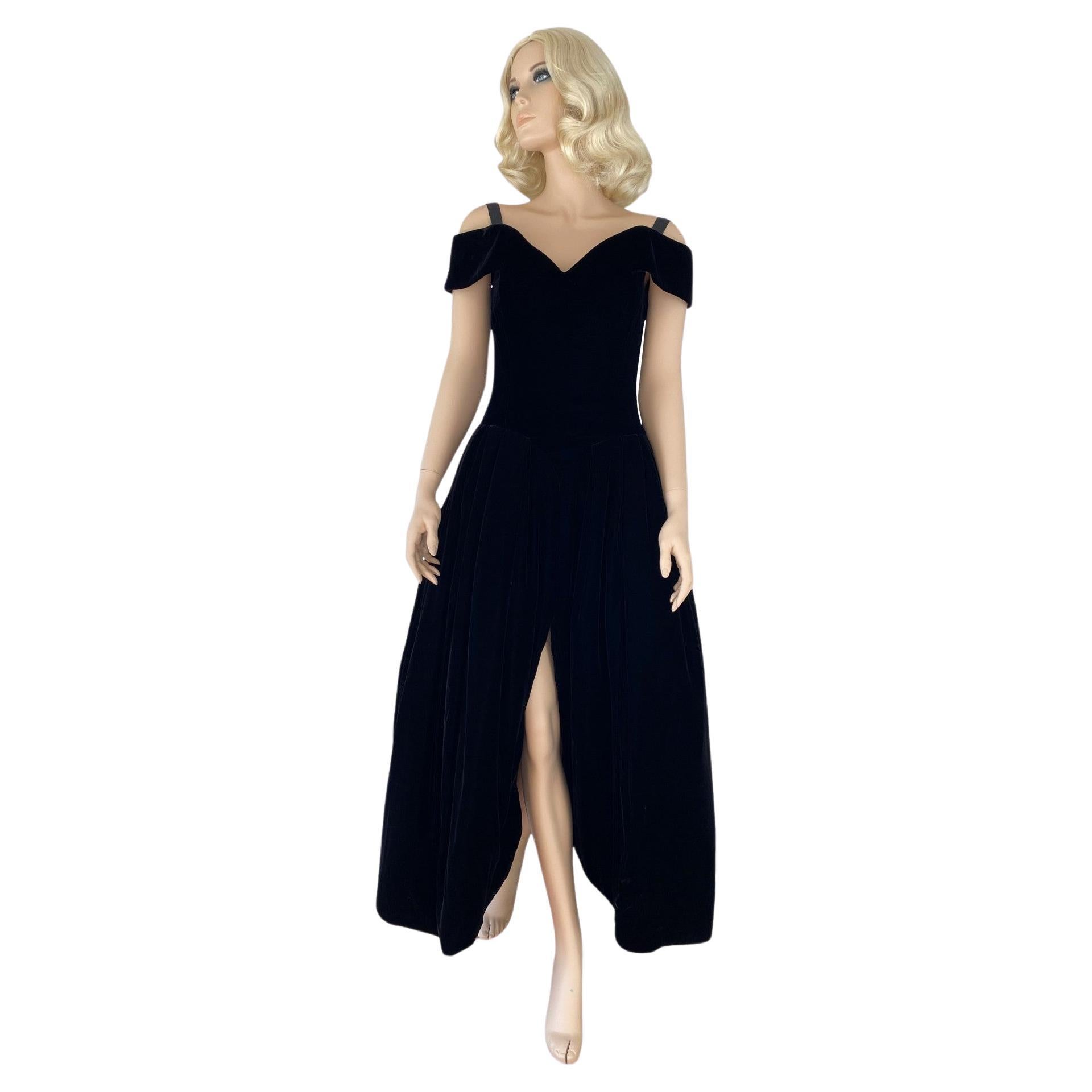 Scaasi Black Velvet Ball Gown Vintage 1980s Formal Cold Shoulder Dress XS/S For Sale