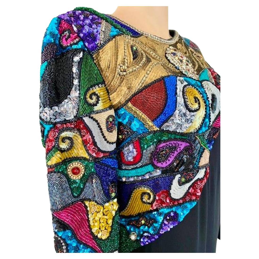 Louis Feraud, robe de soirée vintage en mosaïque perlée d'inspiration Picasso, années 1980 en vente 1