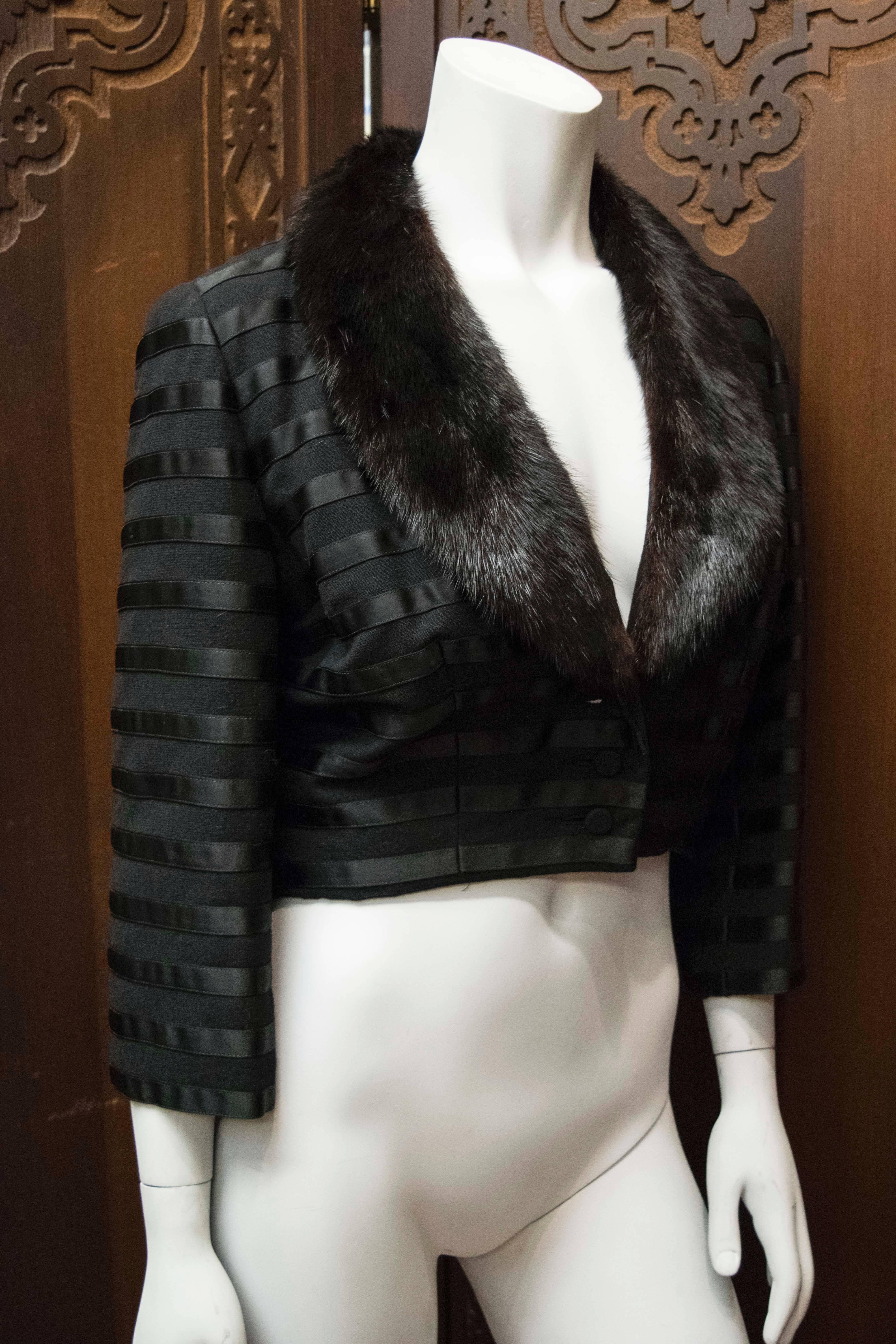 Black Bolero Jacket w/ Mink Collar In Good Condition In San Francisco, CA