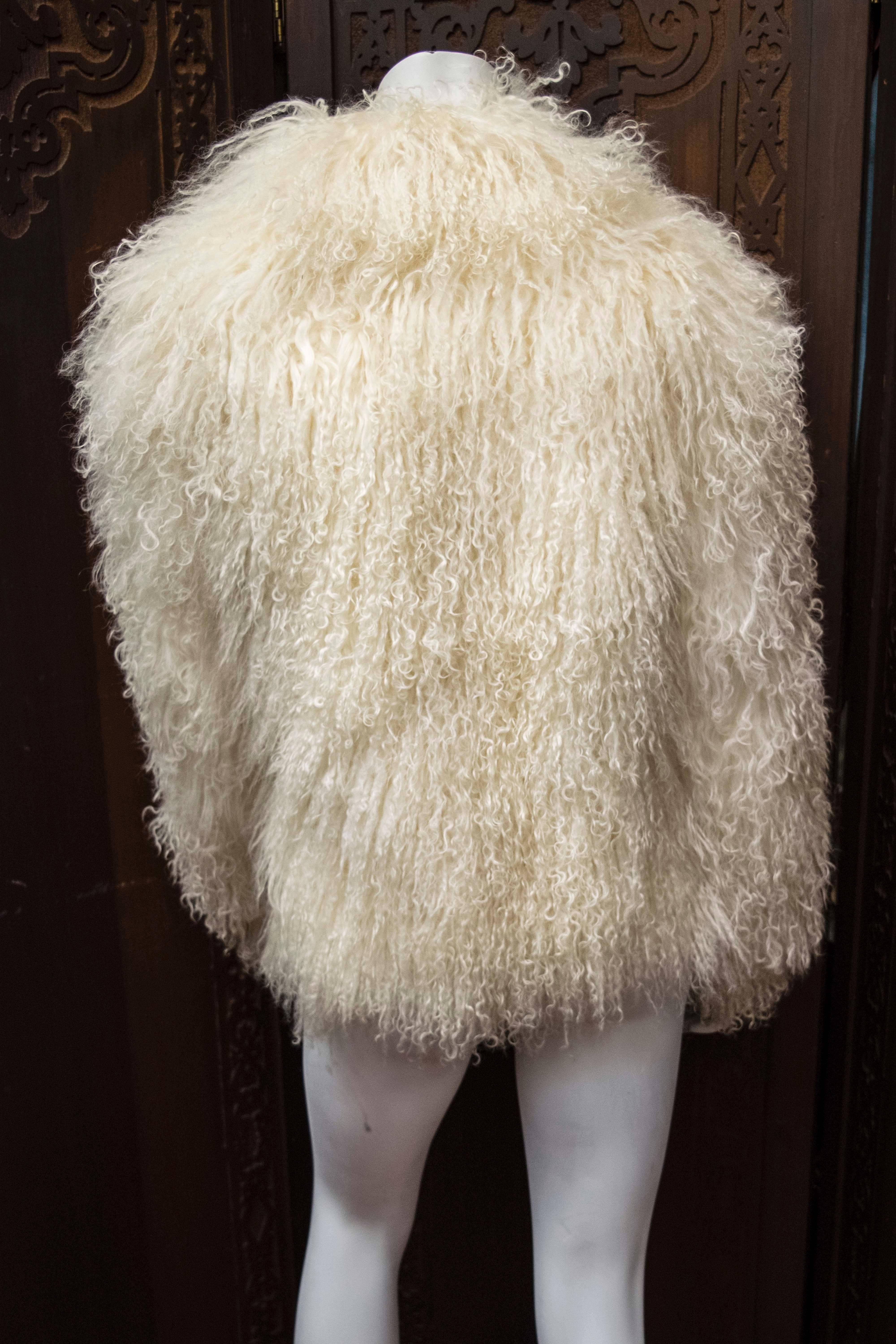 Beige 80s Oscar De La Renta White Mongolian Lambs Wool Jacket  