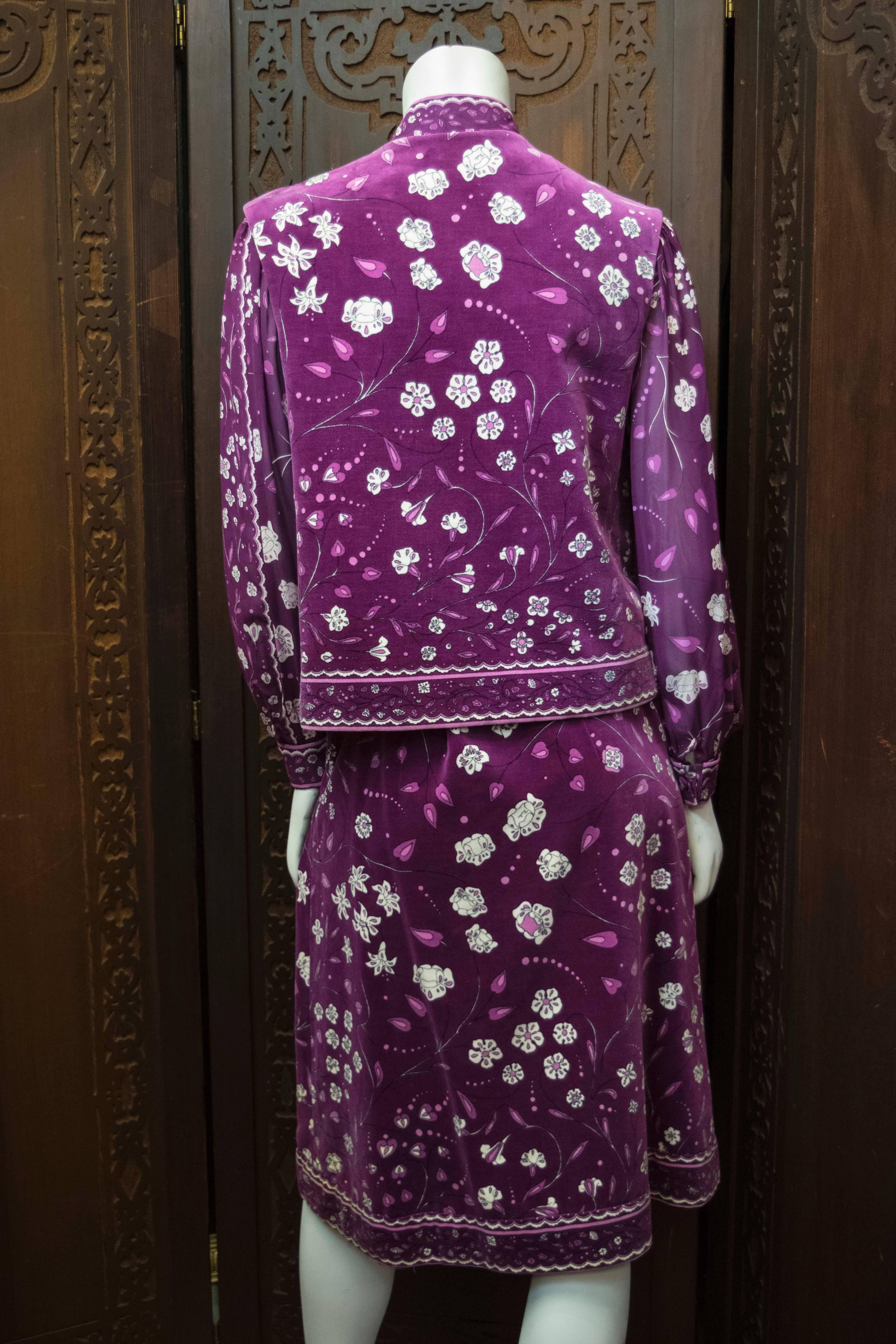 1970s Three Piece Purple Velvet Pucci Ensemble 

Stunning three piece ensemble designed by Pucci in the 1970s, retailed at Saks Fifth Avenue. This piece features a beautiful velvet skirt and waistcoat combination with sheer blouse. All three