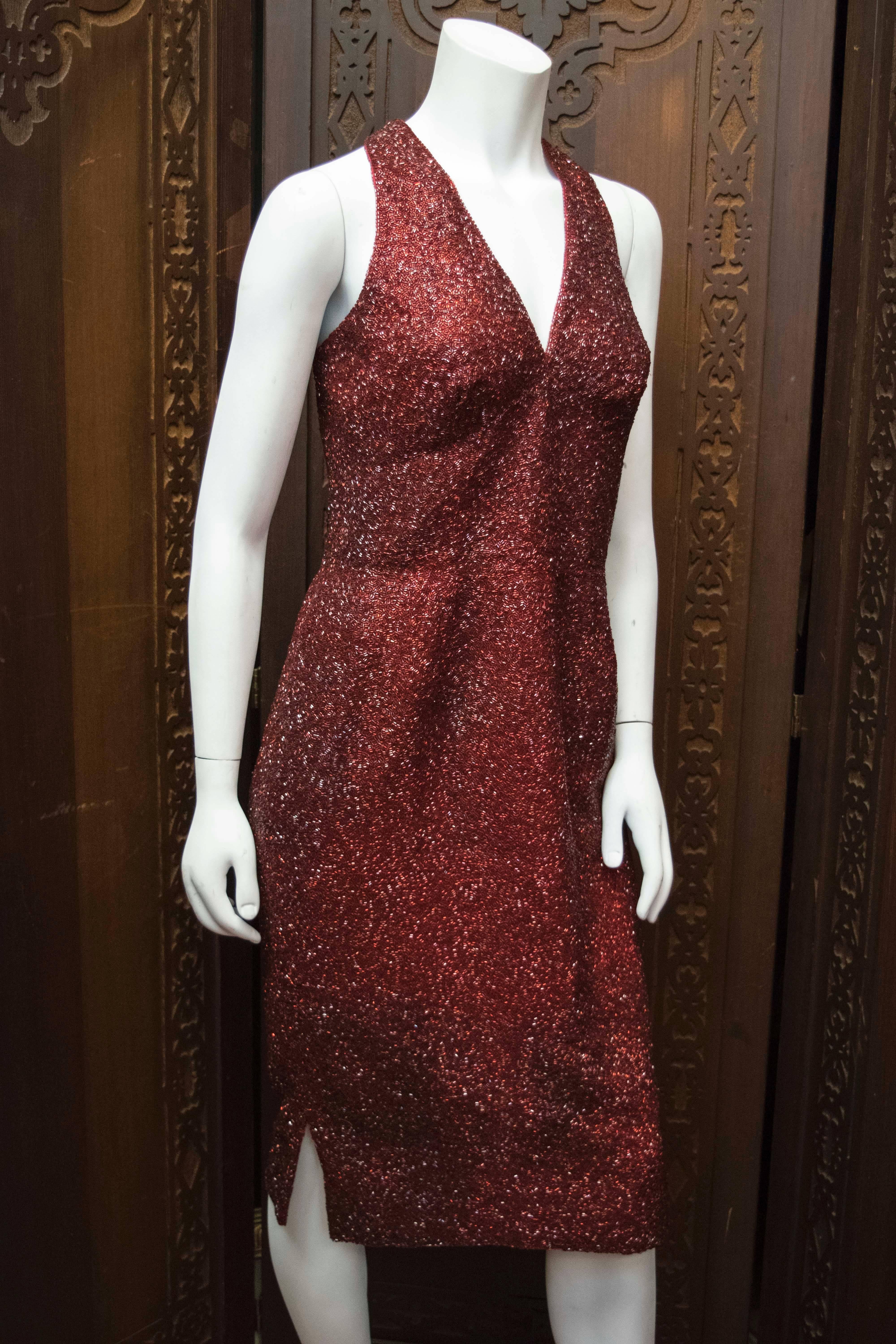 Marron Lillie Rubin - Robe de cocktail en perles rouges des années 1950 en vente