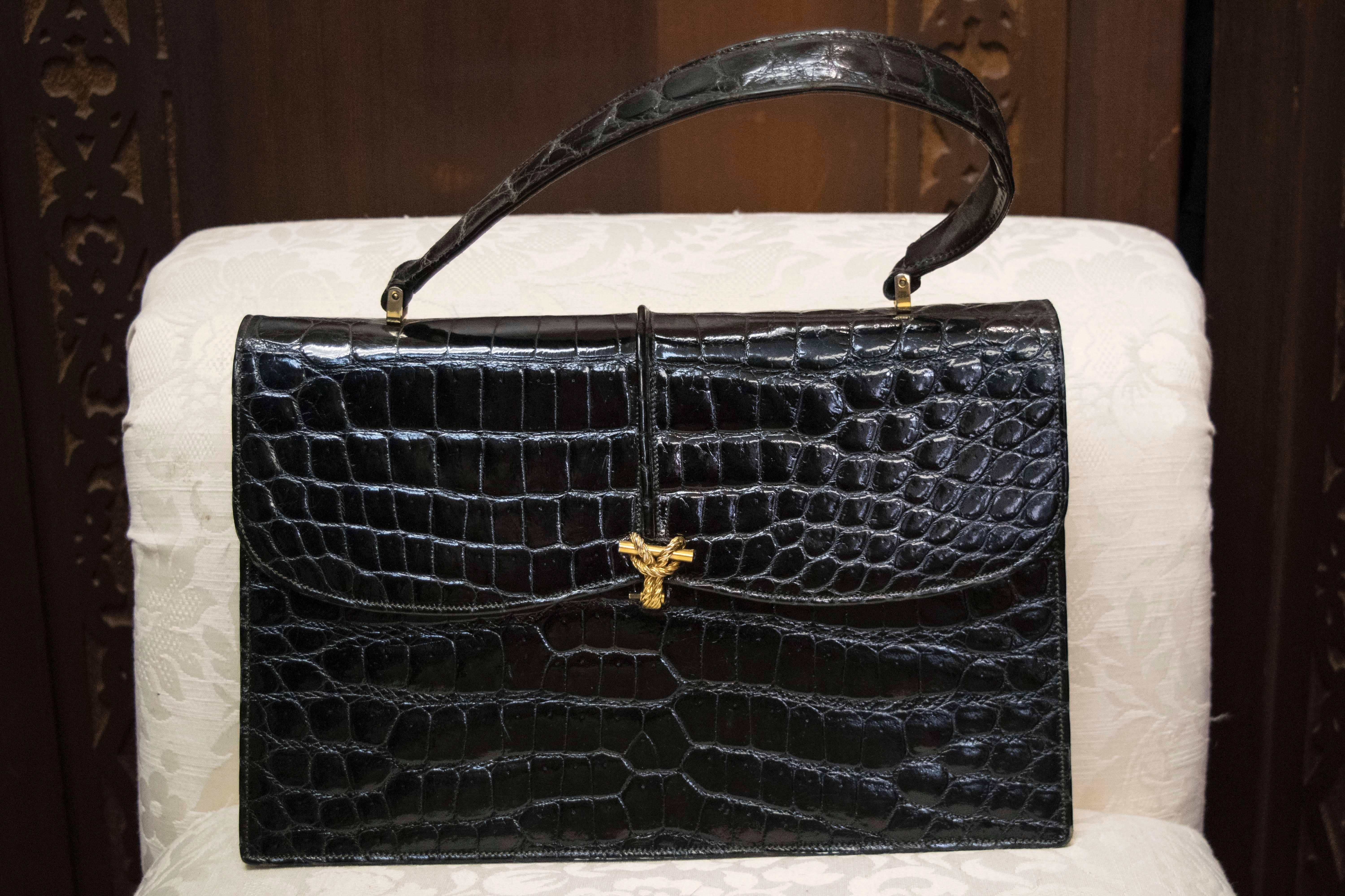 Women's 1960s Saks Fifth Avenue Black Alligator Handbag 