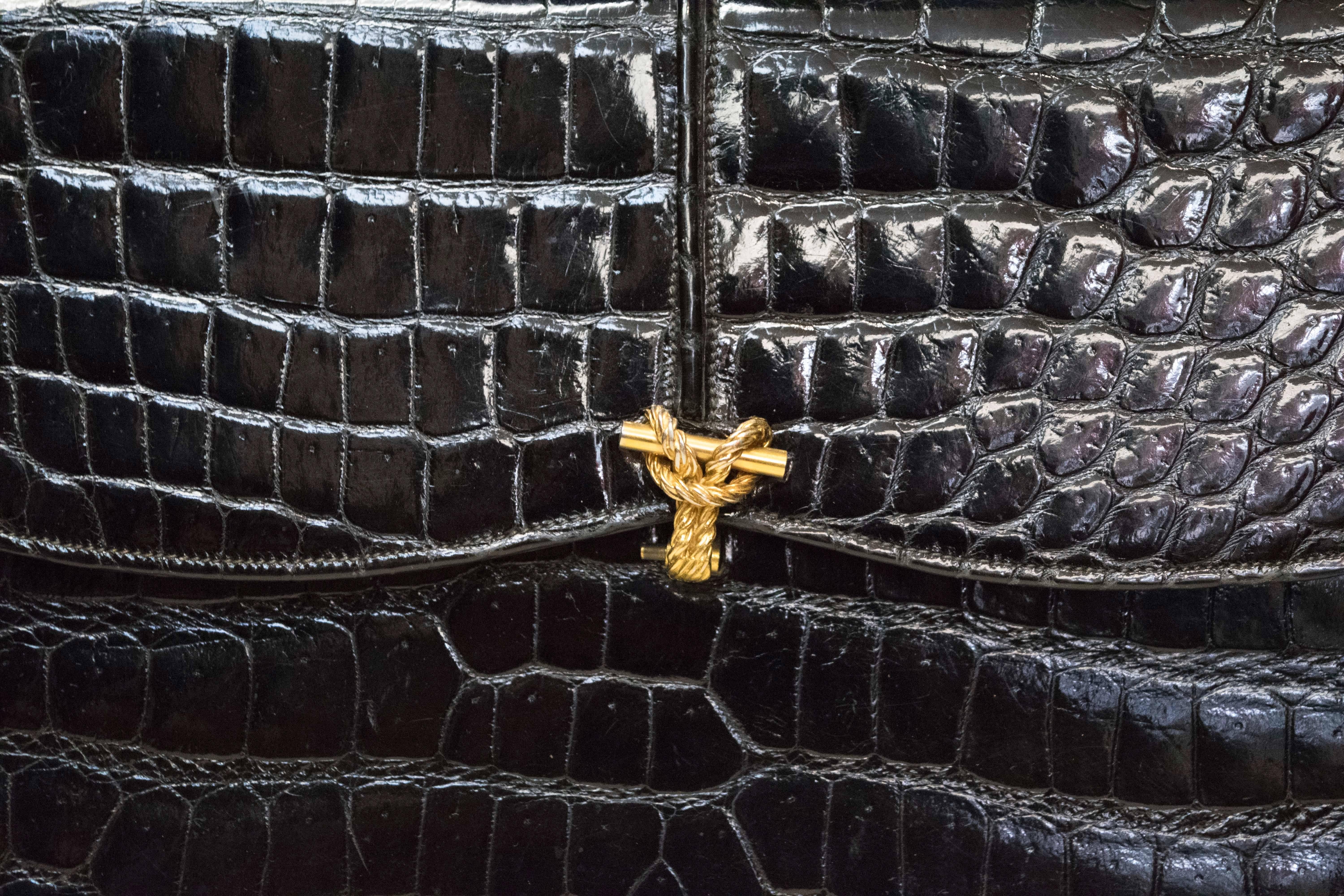 1960s Saks Fifth Avenue Black Alligator Handbag  1