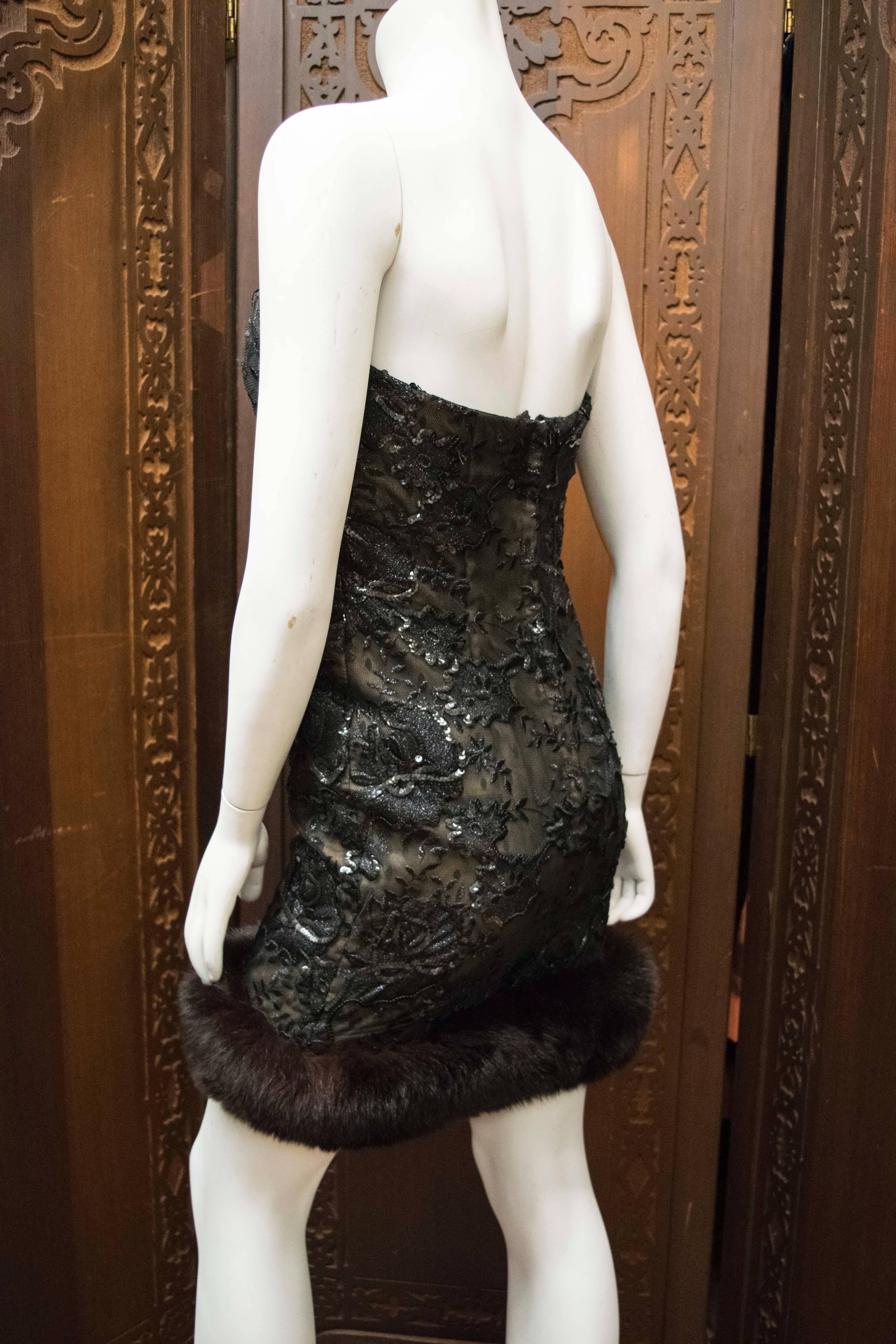 Women's or Men's 1960s Victor Costa Lace Corseted Cocktail Dress with Fox Fur Trim