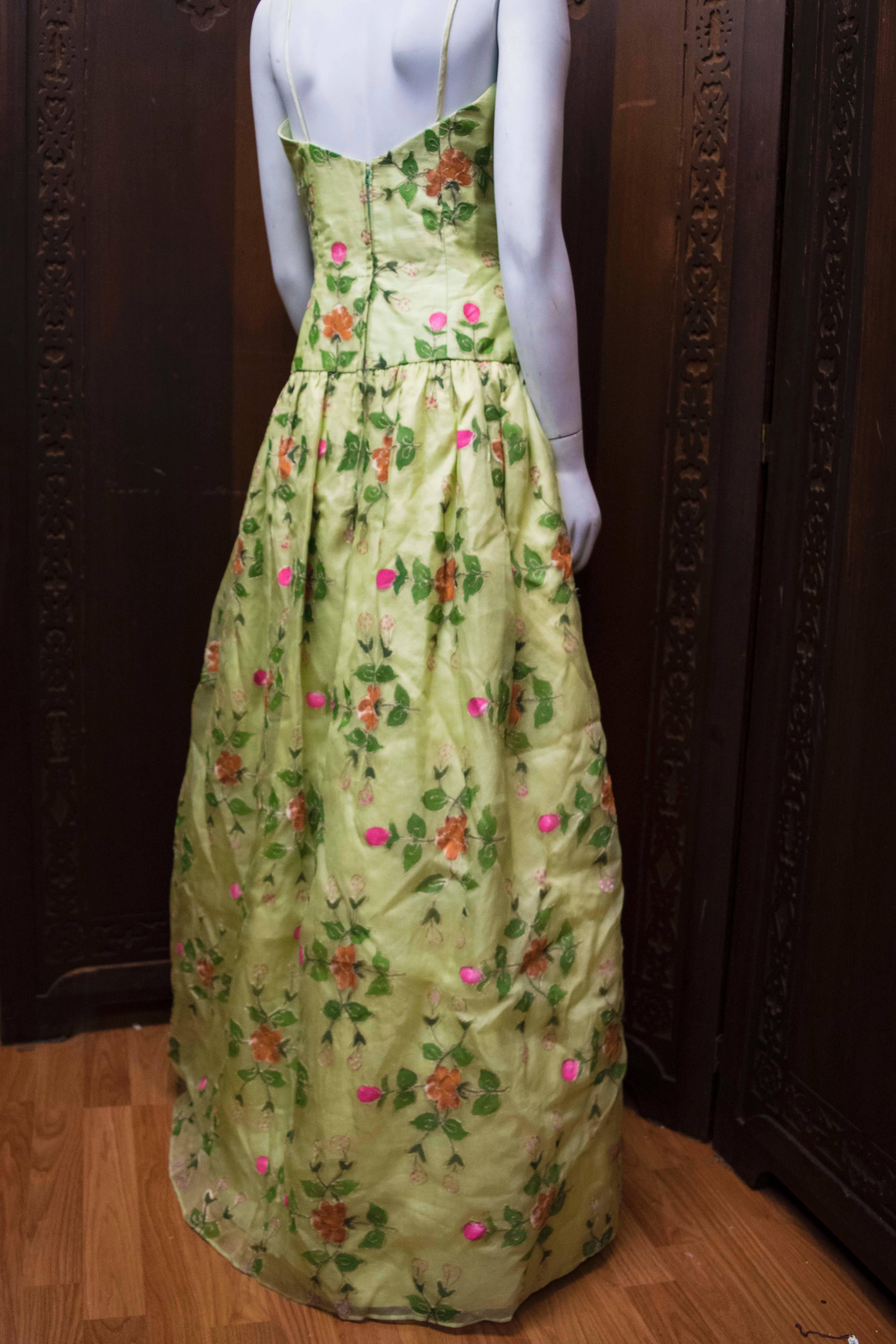 Brown 1960s Max Nugus Couture Light Green Hand Painted Gown  For Sale