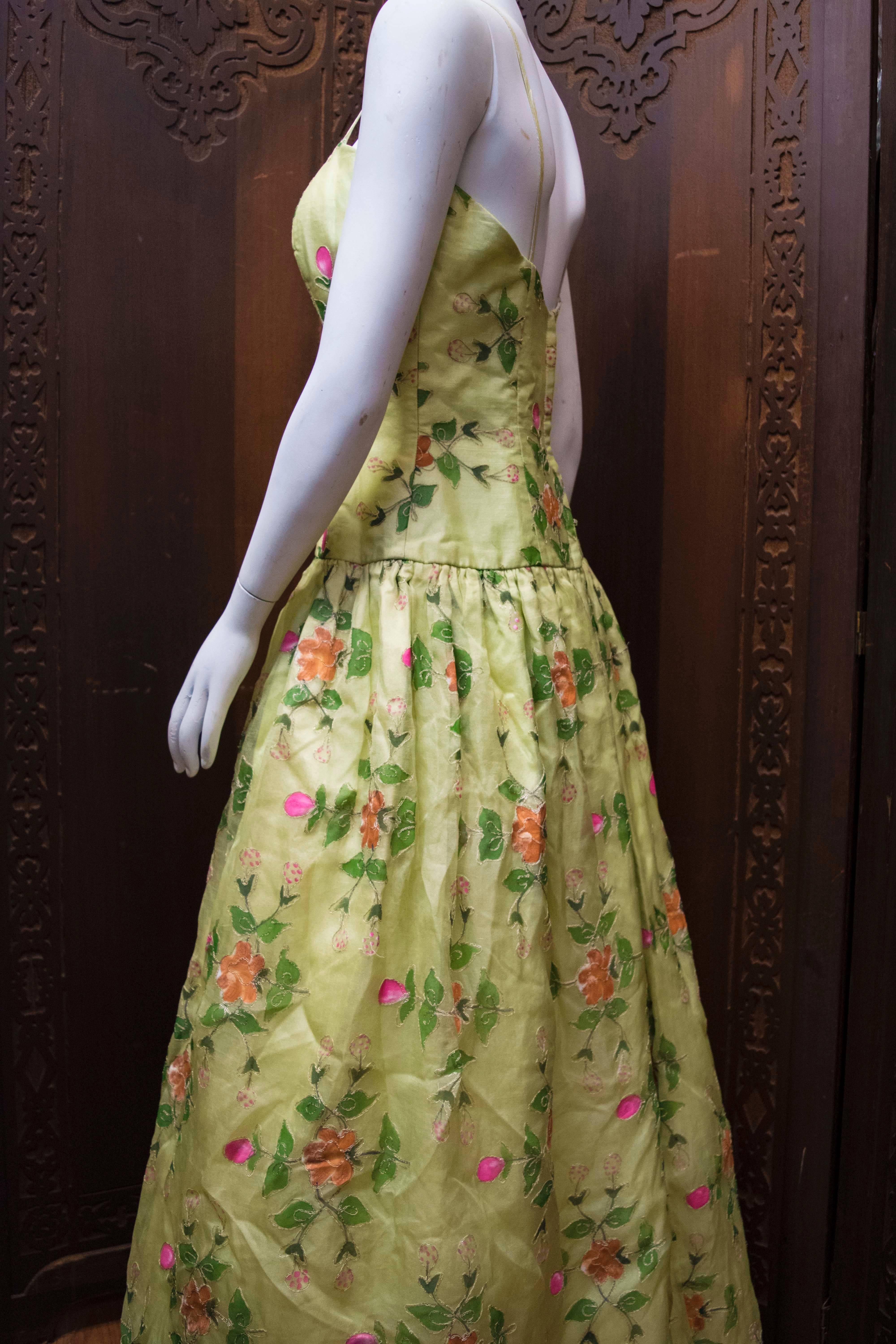1960s Max Nugus Couture Light Green Hand Painted Gown  In Good Condition For Sale In San Francisco, CA