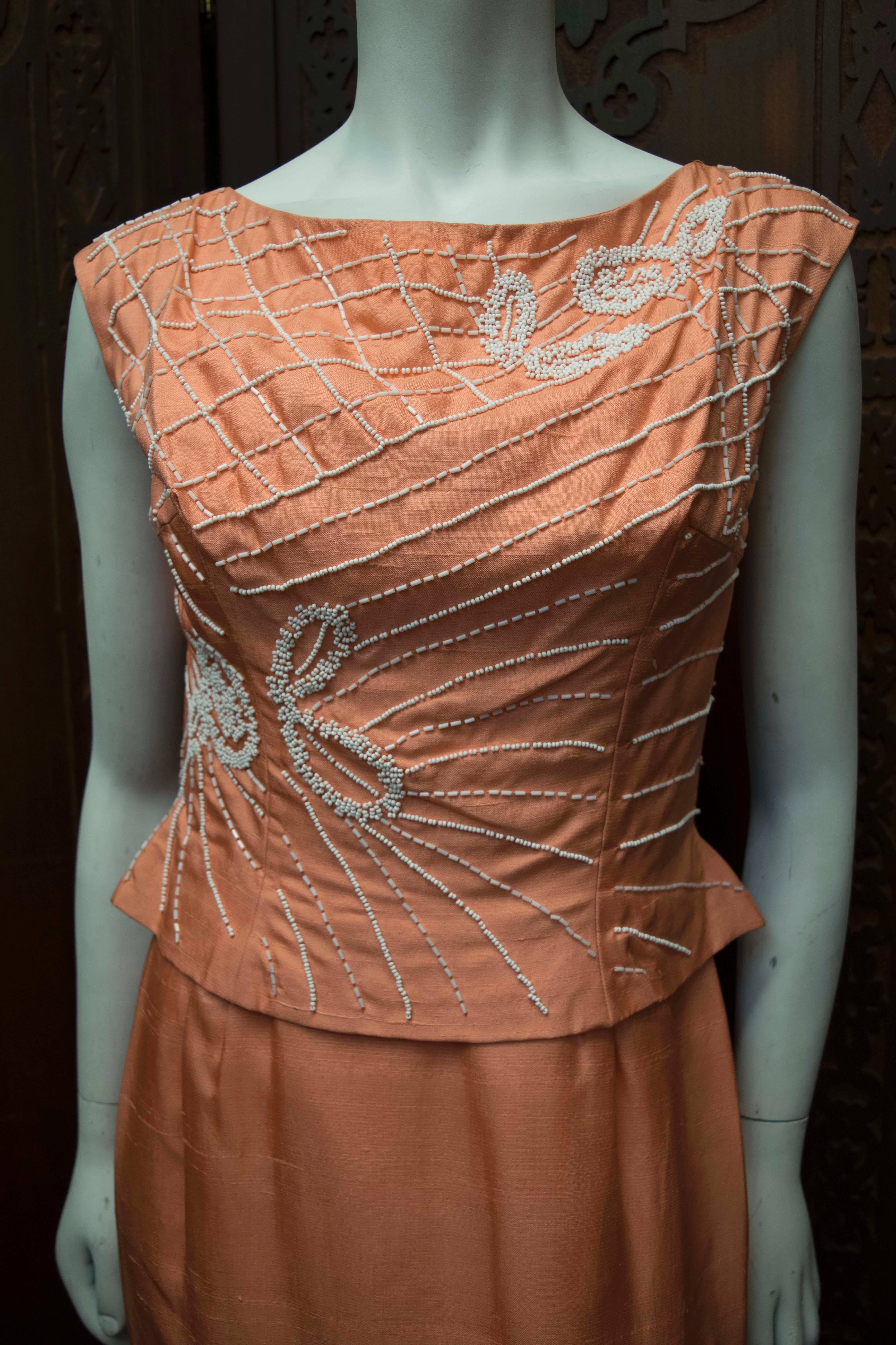 Brown 1950s Salmon Pink Beaded Cocktail Dress For Sale