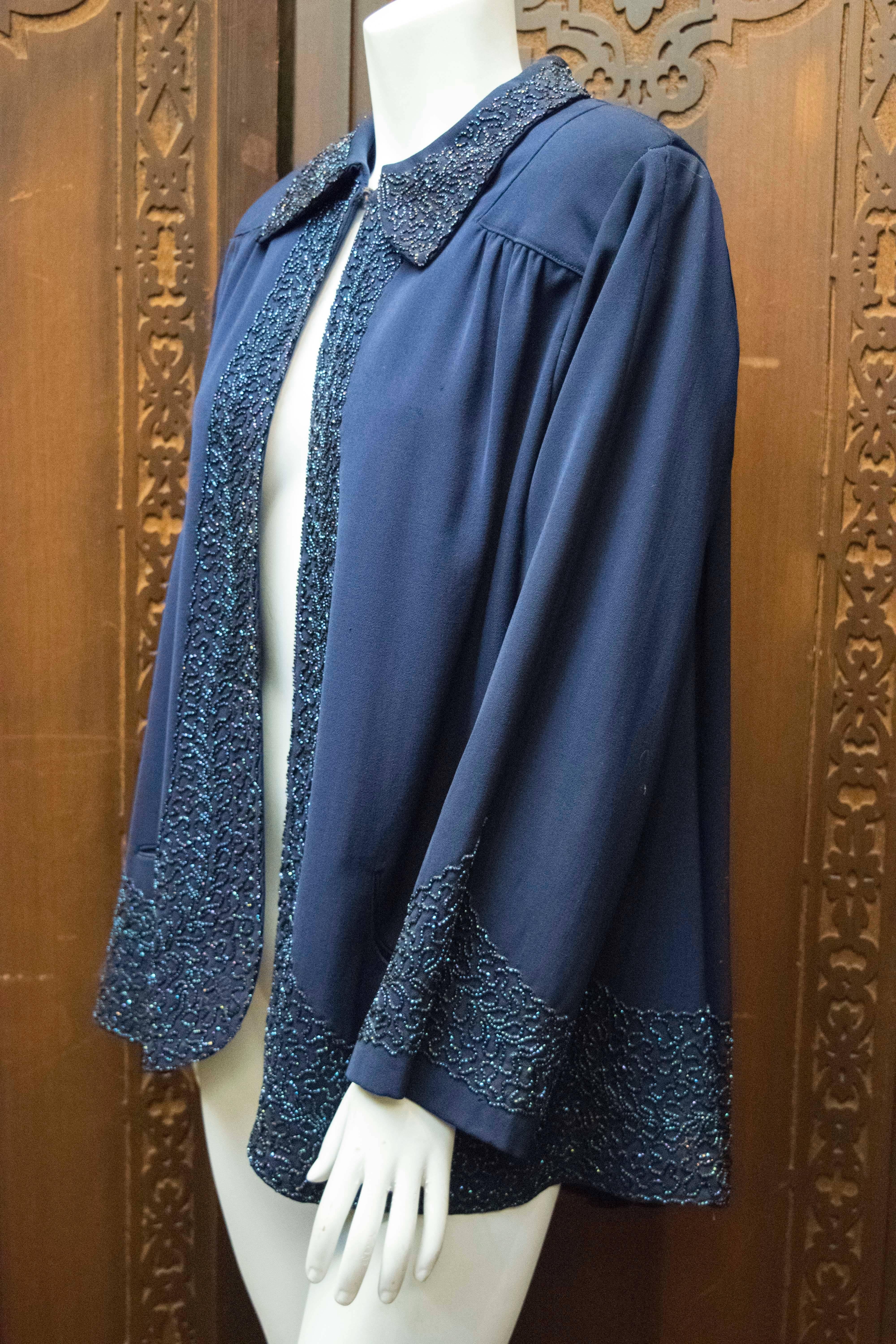1940s Navy Blue Beaded Jacket In Good Condition For Sale In San Francisco, CA