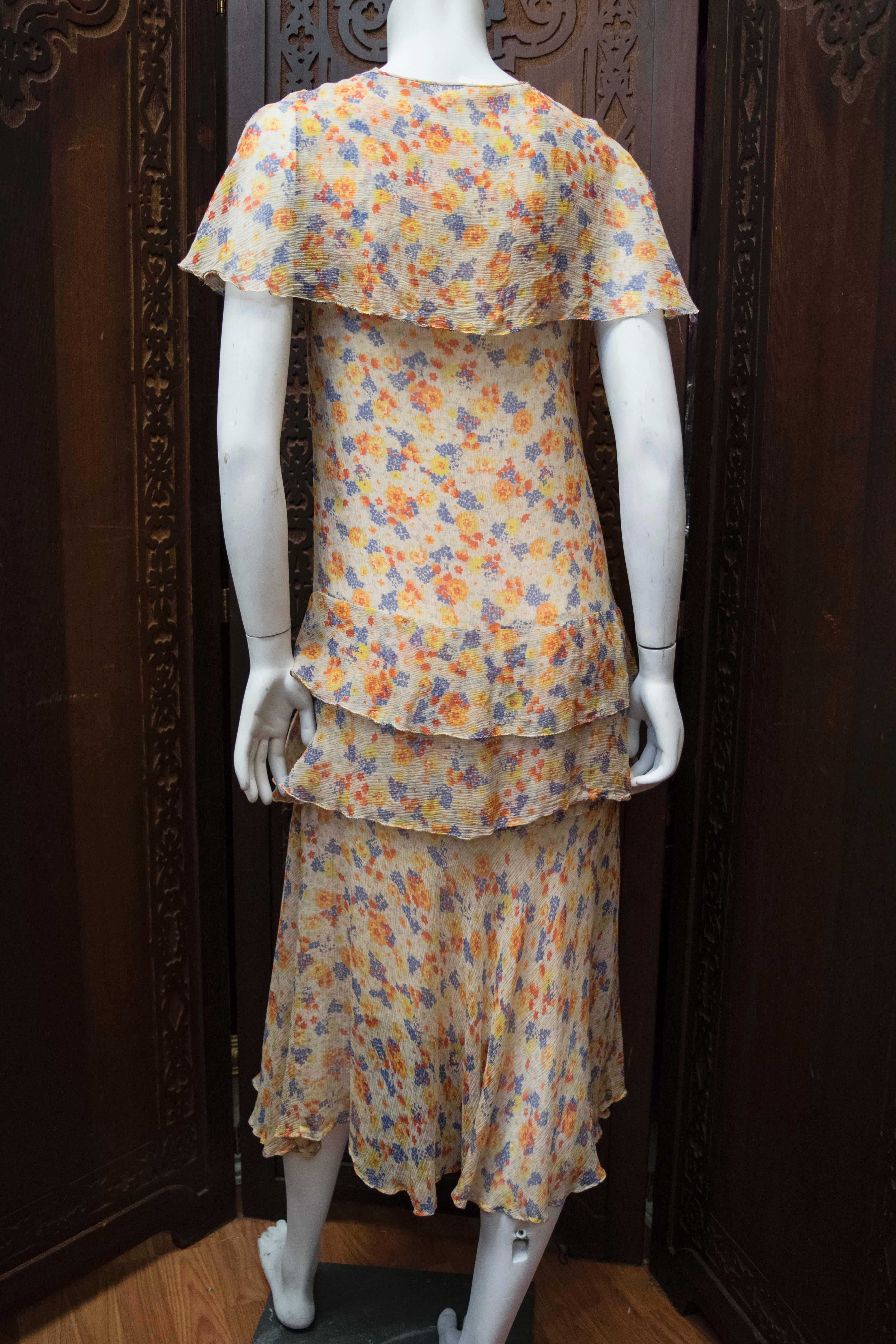 Women's Late 1920s Silk Chiffon Floral Dress